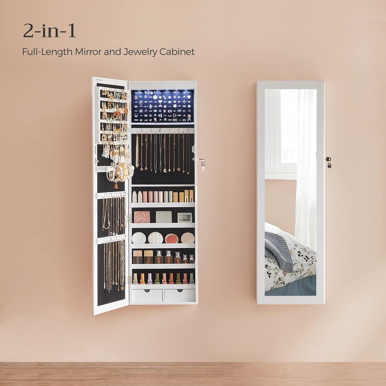 SONGMICS 6 LEDs Mirror Jewelry Cabinet 47.2-Inch Tall Lockable Wall/Door Mounted Jewelry Armoire Makeup Perfume Holder Organizer with Mirror Makeup Perfume 2 Drawers White