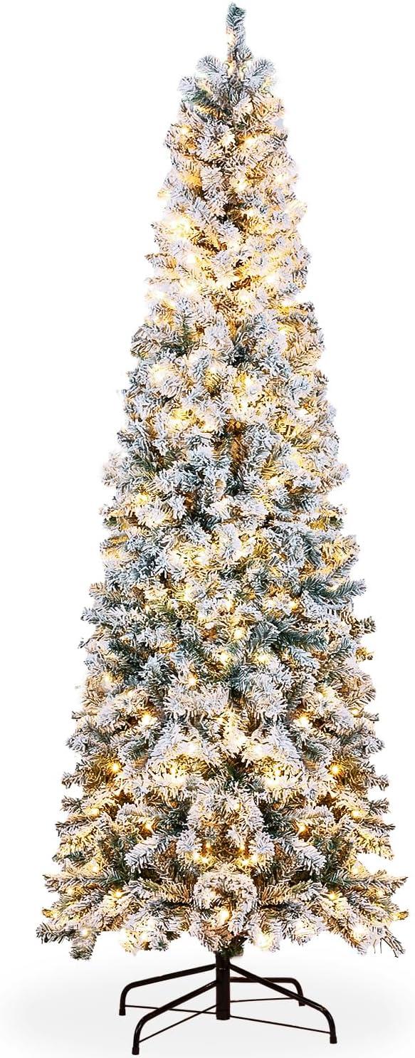 7.5ft Pre-lit Snow-Flocked Kingswood Fir Pencil Artificial Christmas Tree