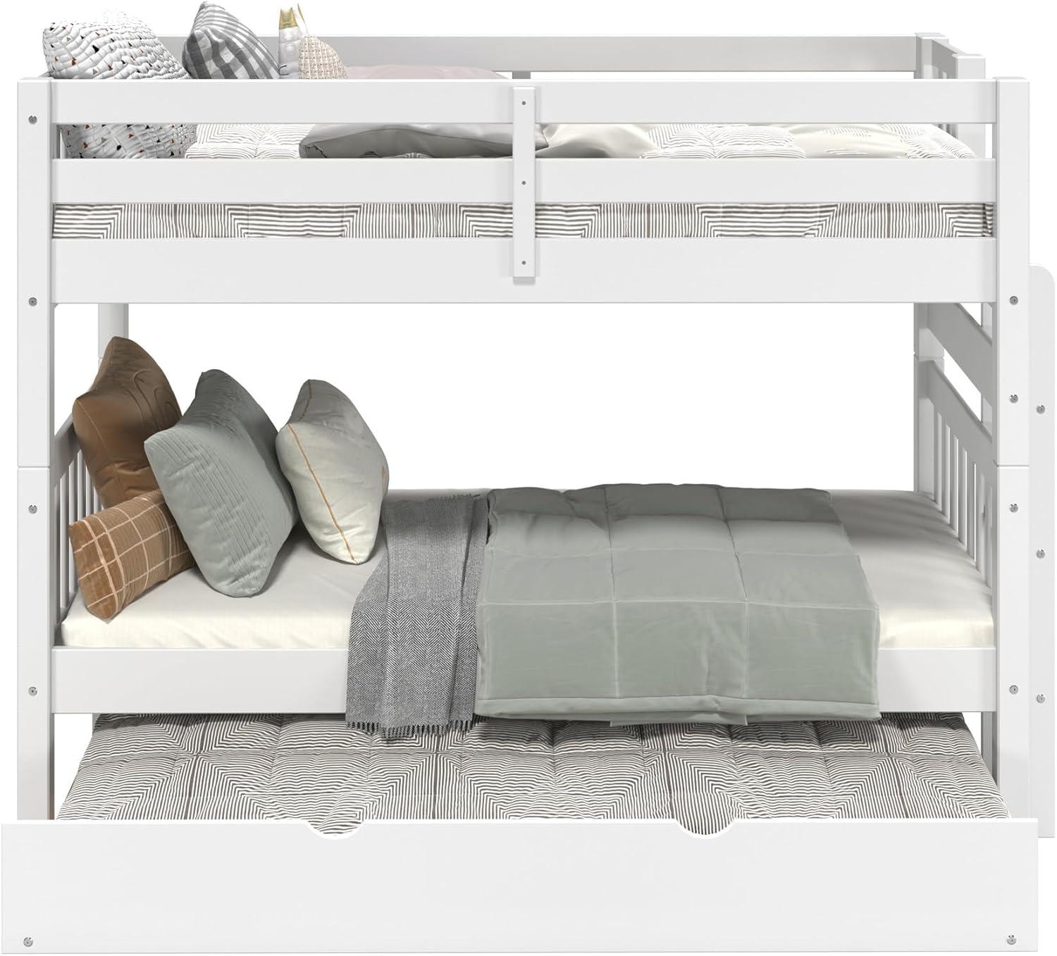 Bedz King Bunk Beds Twin over Twin Mission Style with End Ladder and a Twin Trundle, White