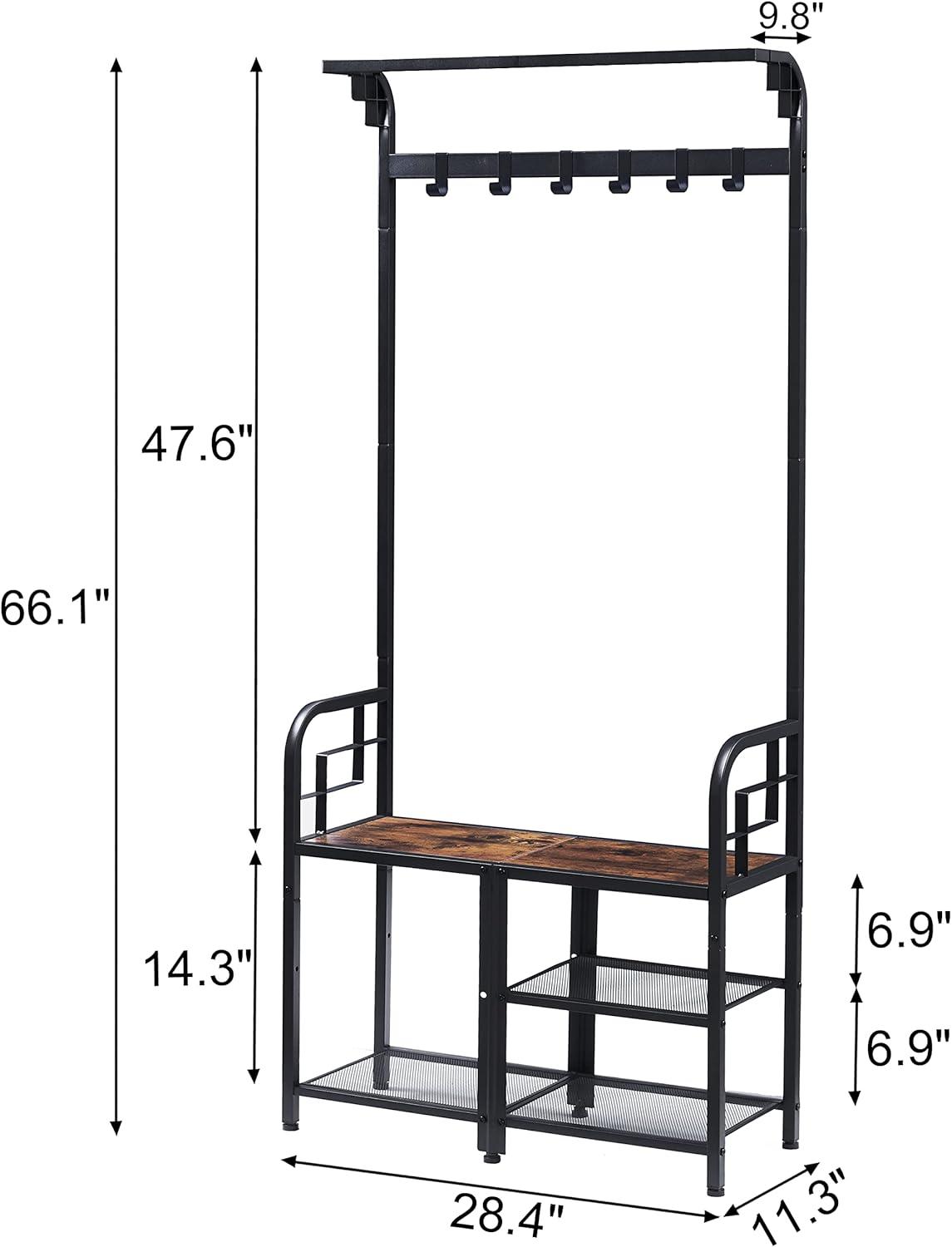 Rustic Brown and Black Metal Hall Tree with Storage Bench