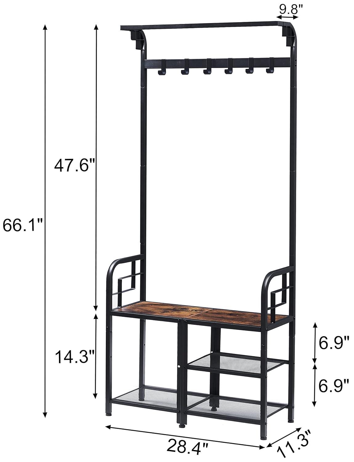 Tajsoon Coat Rack, Hall Tree with Shoe Bench for Entryway, 3-in-1 Shoe Rack Different Heights, Entryway Bench with Coat Rack, Metal, Rustic Brown and Black