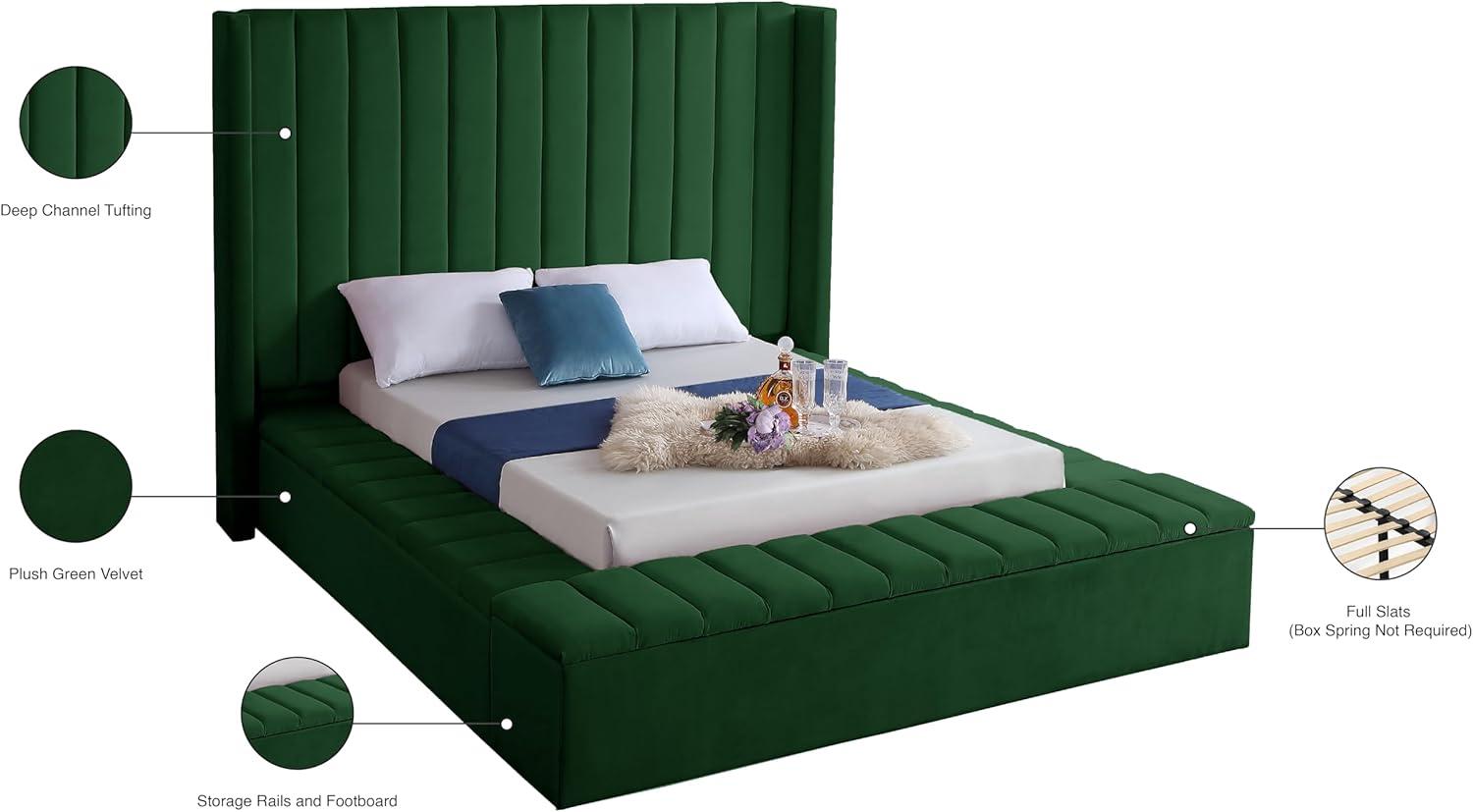 Meridian Furniture Kiki Solid Wood and Velvet Queen Bed in Green