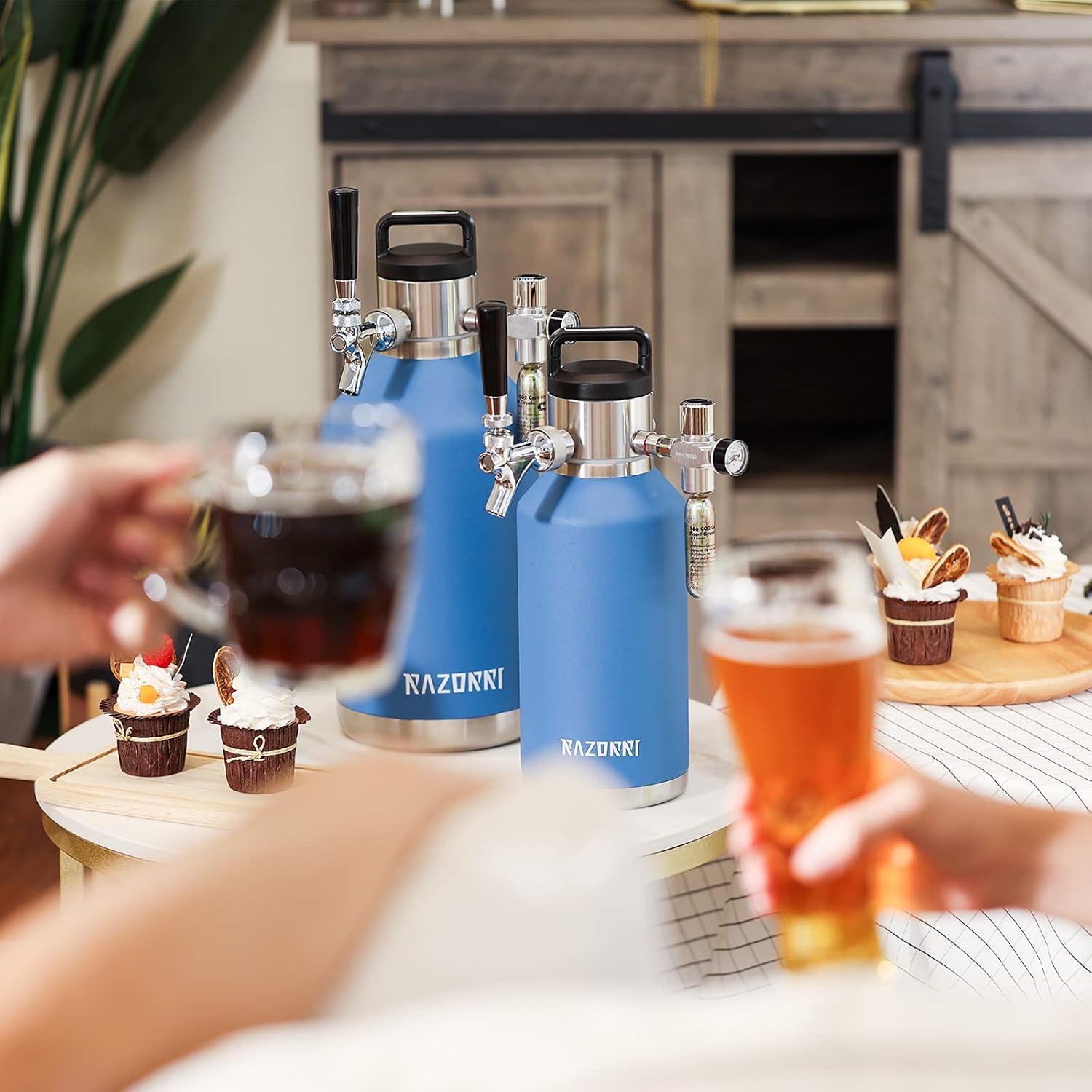 Razorri Engorde de Cerveza de Acero Inoxidable de 64 Oz, Barril Carbonatado con Aislamiento Al Vacío de Doble Pared con Grifo de Barra Profesional y Regulador de CO2 a Presión, 0,5 Galones, Azul Océano