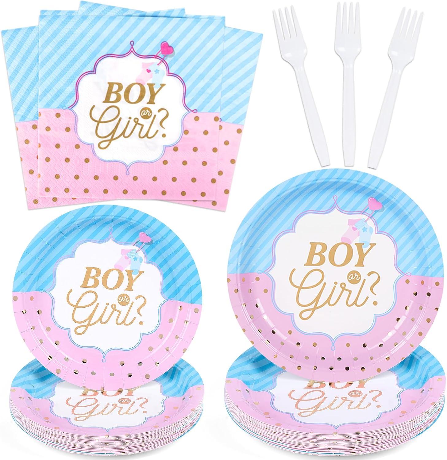 DECORLIFE Gender Reveal AJH3 Plates Serves 24, Boy or Girl Gender Reveal Party Supplies Includes Napkins and Forks for Baby Shower Reveal Party Decorations, Total 96PCS