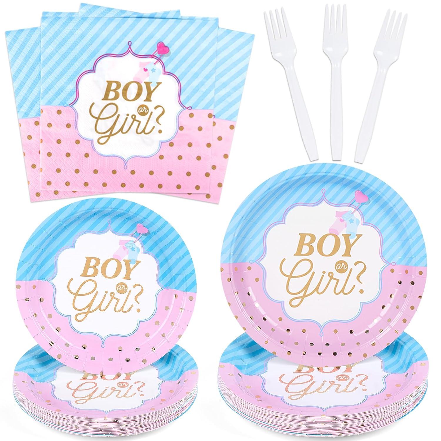 DECORLIFE Gender Reveal AJH3 Plates Serves 24, Boy or Girl Gender Reveal Party Supplies Includes Napkins and Forks for Baby Shower Reveal Party Decorations, Total 96PCS
