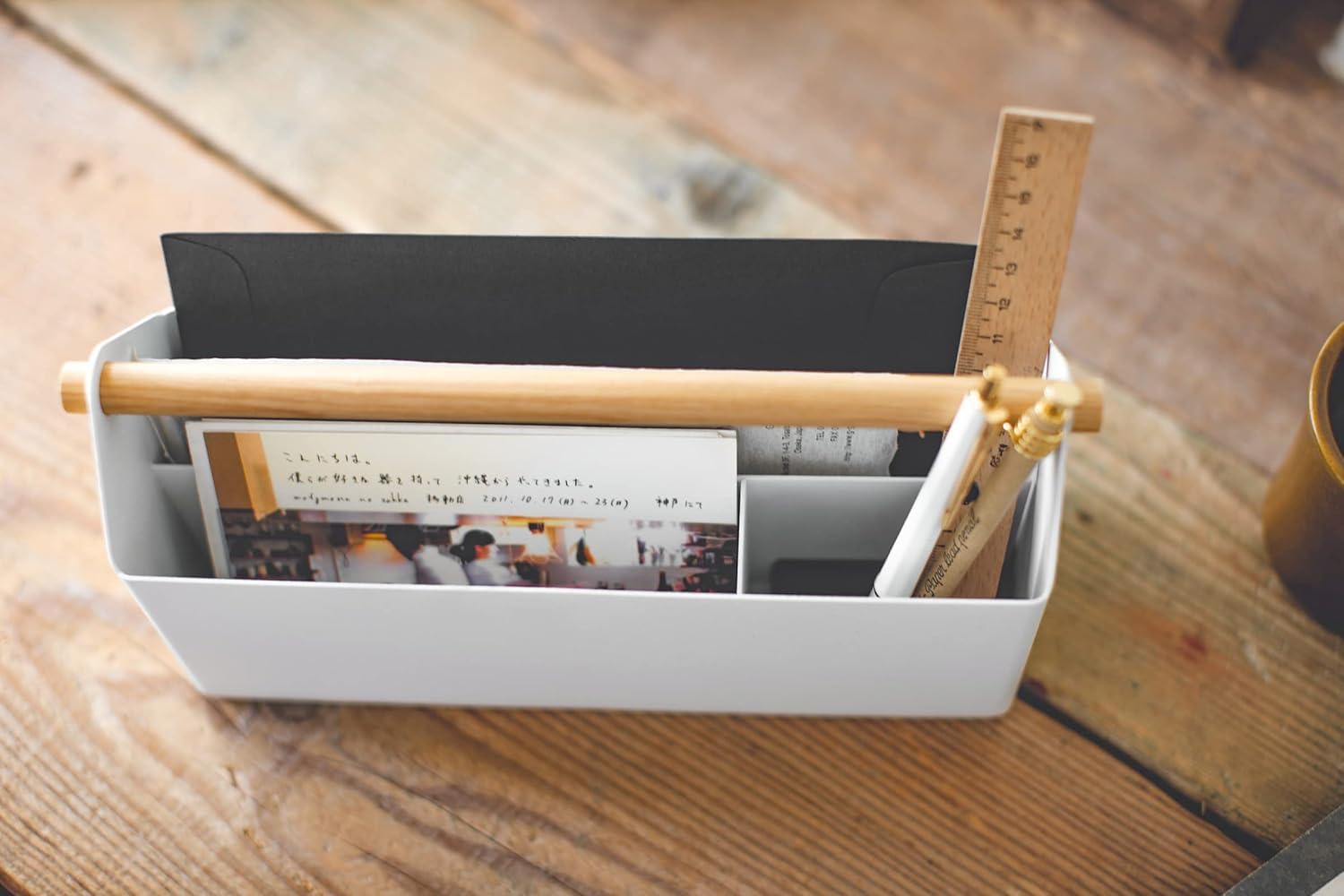 Minimalist White Steel & Wood Desk Organizer with Wooden Crossbar