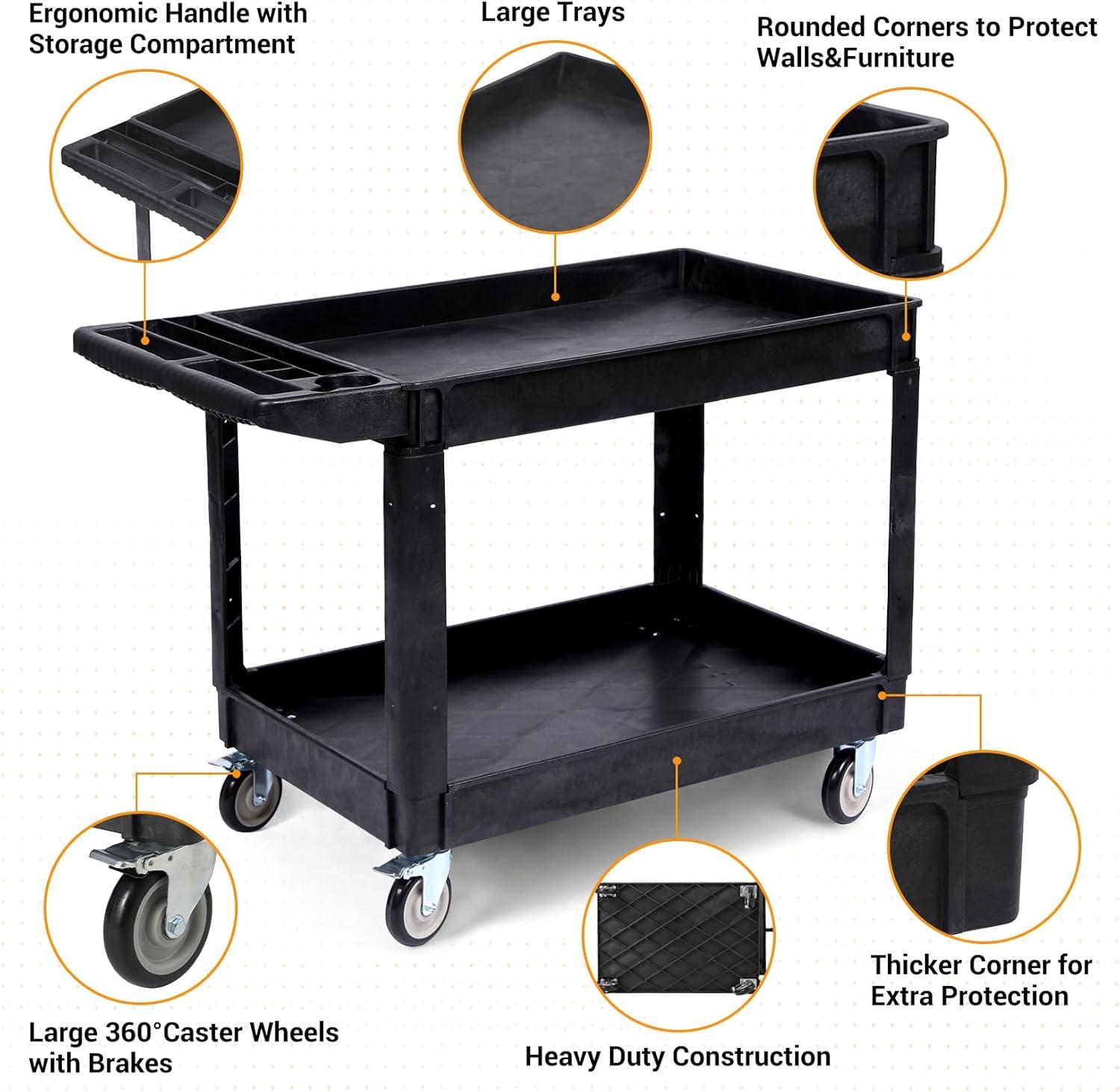 Black Heavy Duty Polypropylene 2-Shelf Rolling Utility Cart with Ergonomic Handle