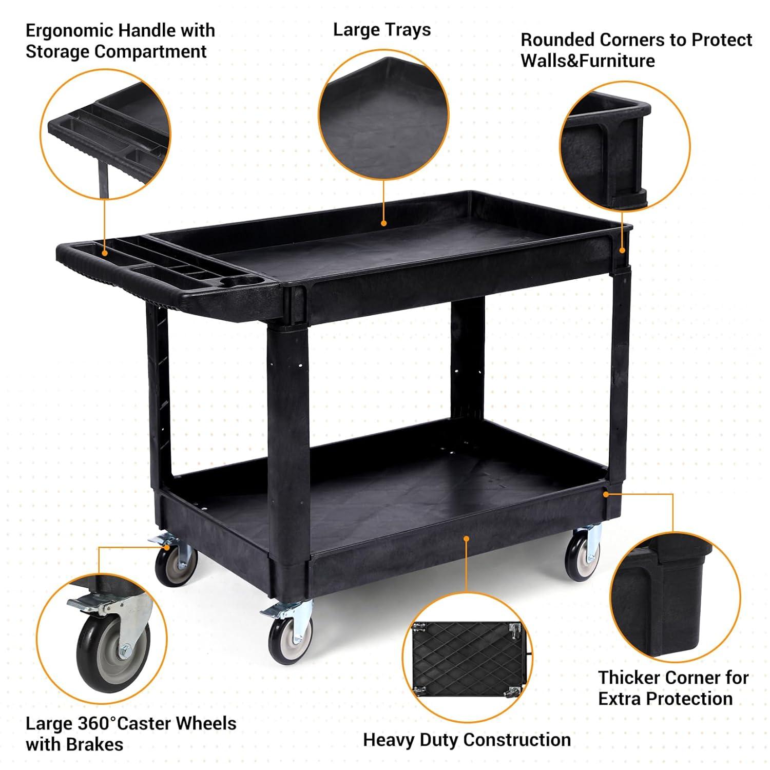 Black Heavy Duty Polypropylene 2-Shelf Rolling Utility Cart with Ergonomic Handle