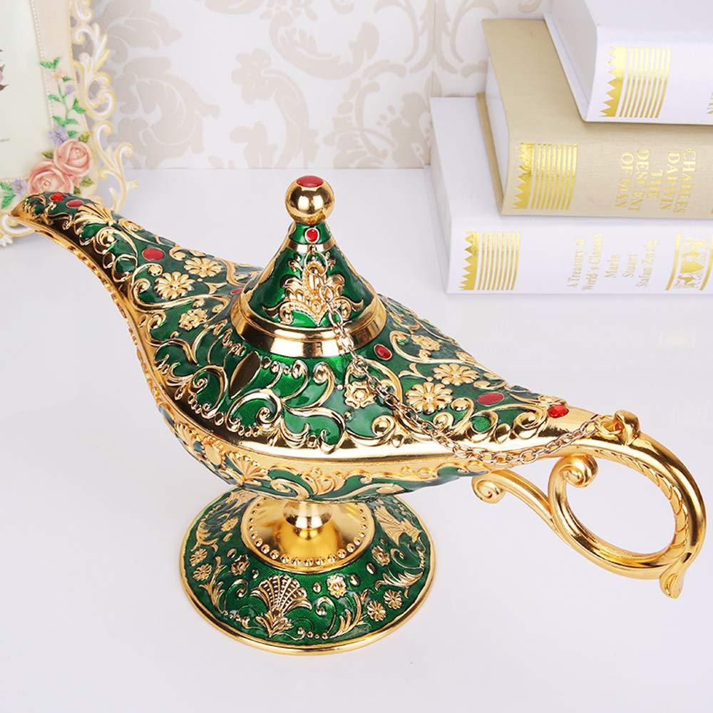 Vintage Aladdin Magic Genie Lamp Light for Home Party Wedding Table Decoration & Gift,Classic Zinc Alloy Arabian Lamp Jewelry Box (Gold & Green)