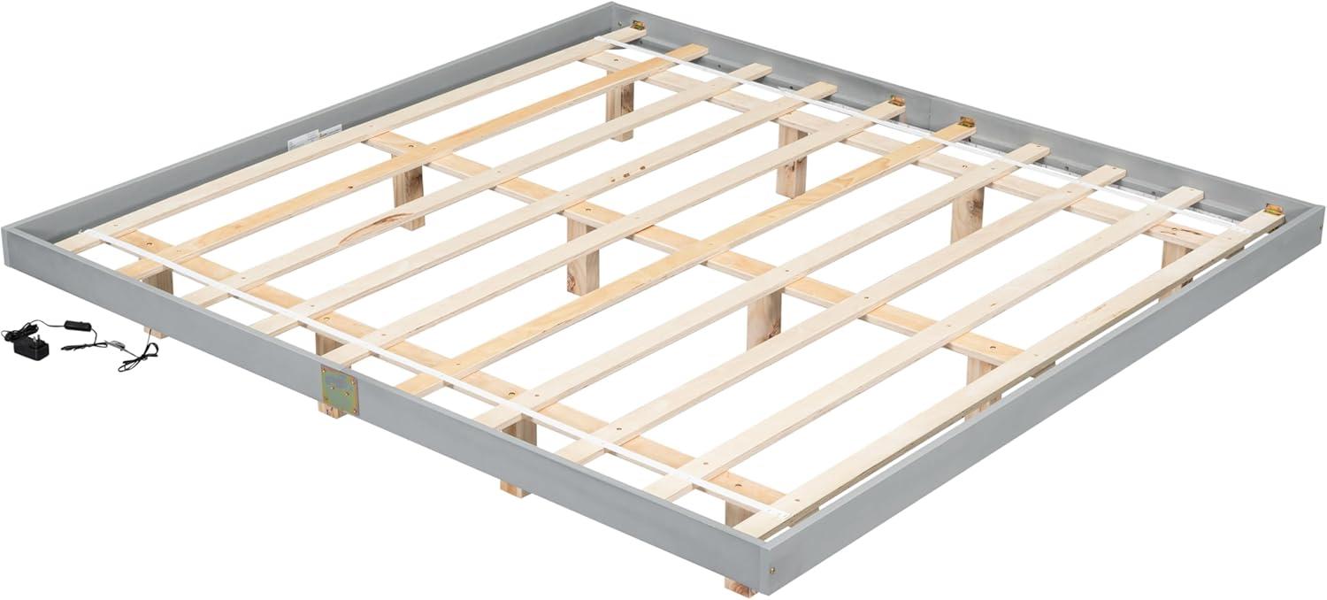 PAPROOS King Size Bed Frame, Wooden Floating Bed with LED Lights Underneath, Low Profile Basic Platform Bed, No Box Spring Needed, Gray