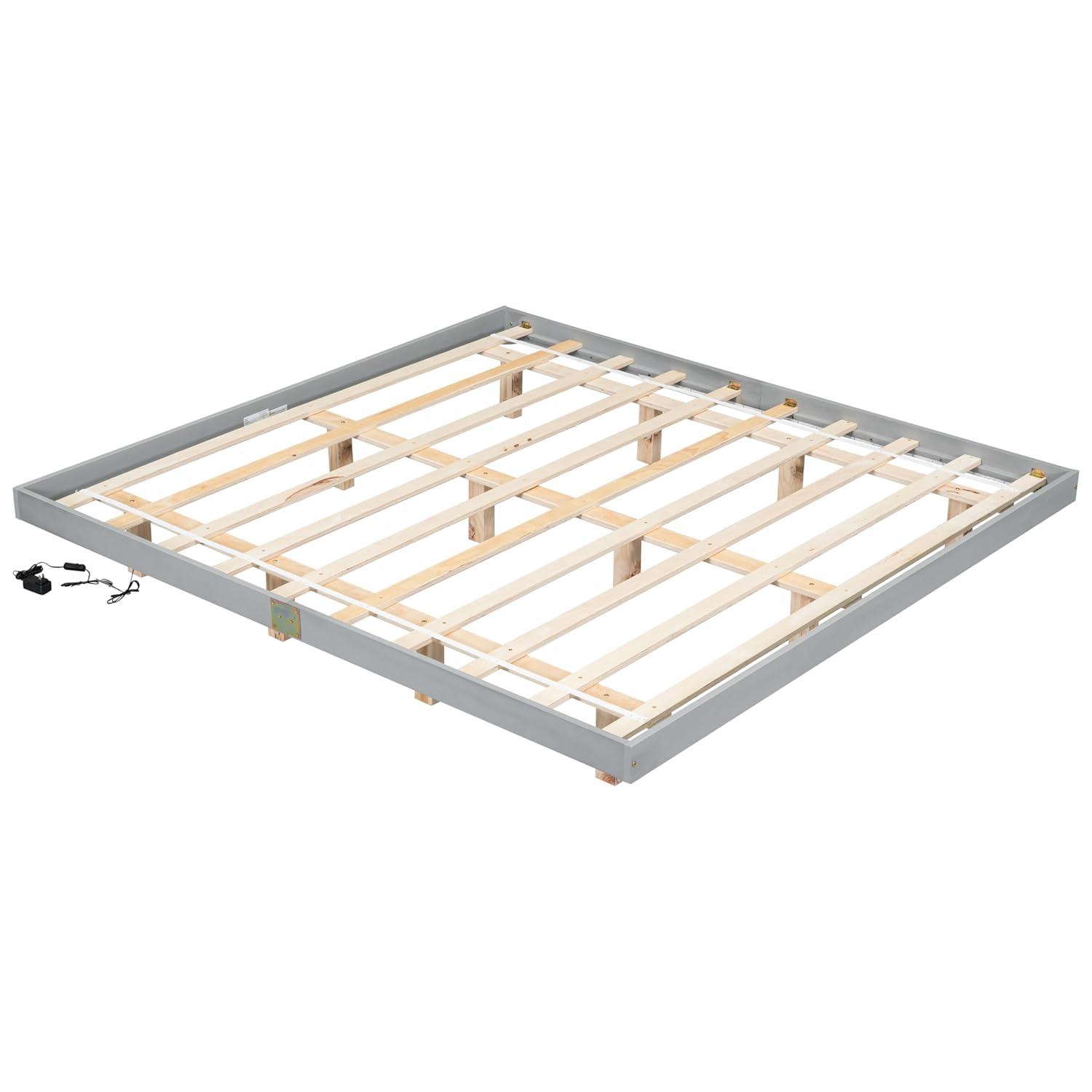 PAPROOS King Size Bed Frame, Wooden Floating Bed with LED Lights Underneath, Low Profile Basic Platform Bed, No Box Spring Needed, Gray