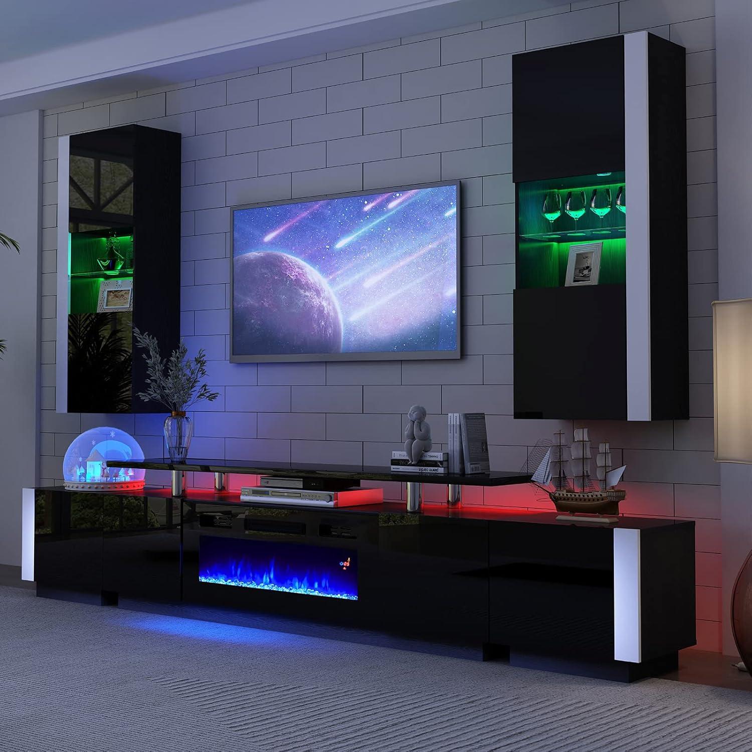 VanAcc Modern Wall Storage Cabinets with LED Lights, Hanging Cabinets with Closed Doors & Open Shelves, Black