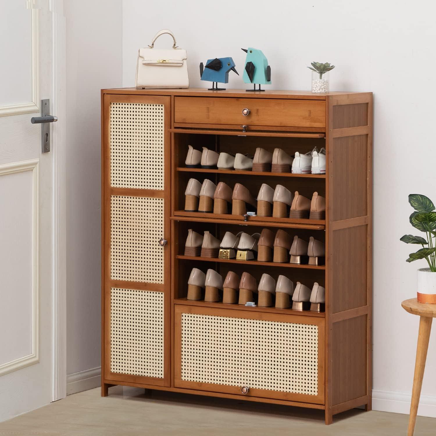 MoNiBloom Bamboo 28 Pairs Shoe Cabinet, 6-Layers Entryway Shoe Storage Cabinet with Rattan Doors and Boots Compartments, Flip-Up Shoe Rack Organizer For Hallway Living Room, Brown