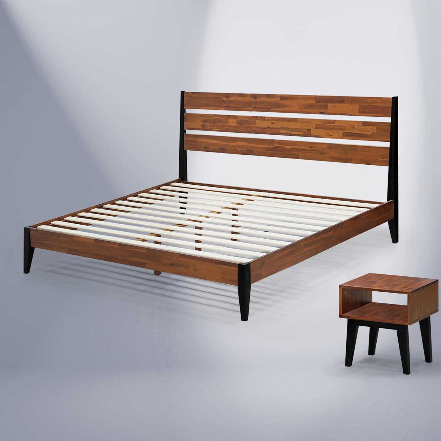 Acacia Emery 2-Pcs Bedroom Set – Solid Wood Platform Bed Frame & Matching Nightstand, Mid-Century Modern Farmhouse, 800 lbs Capacity, No Box Spring Needed