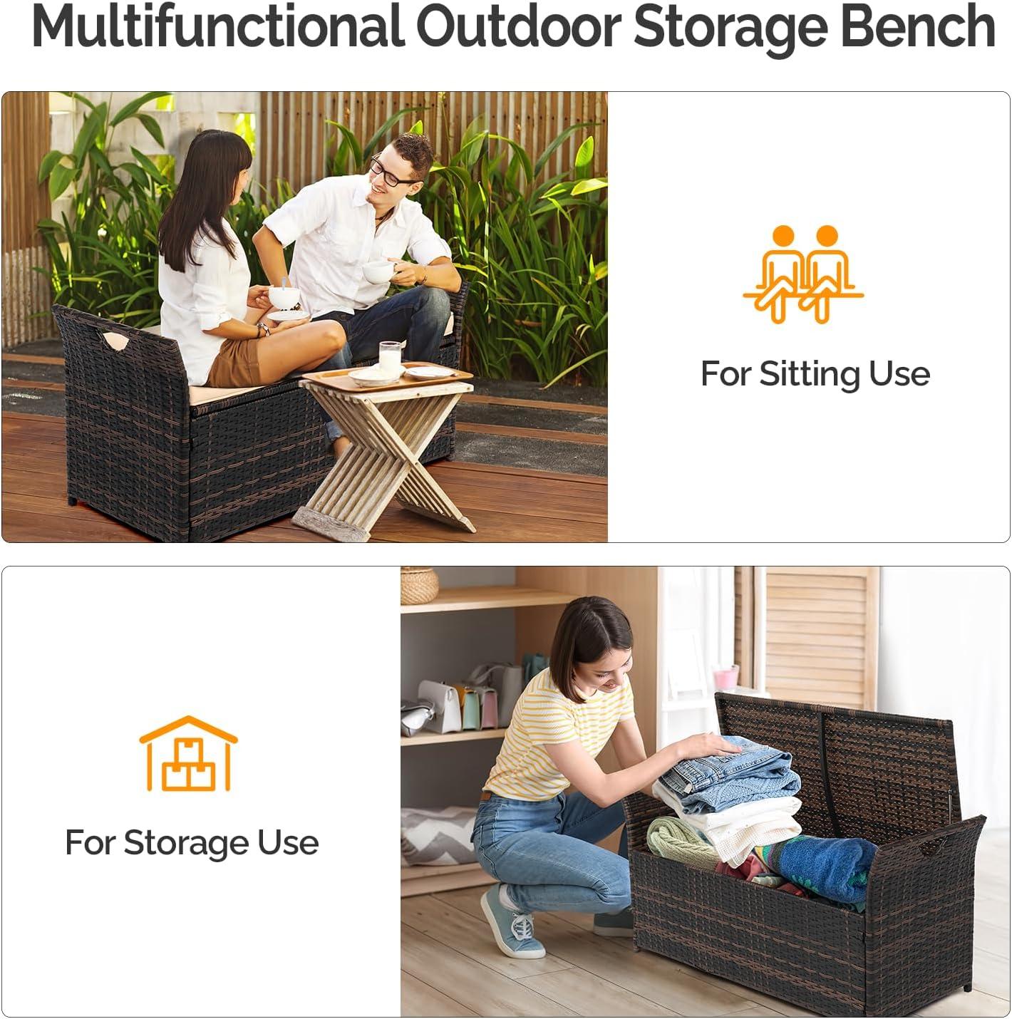 VINGLI 40 Gallon Wicker Storage Bench, Patio Cushion Storage Box Designed with Side Handles, Rattan Deck Box for Garden Tools, Cushions, Outdoor Patio Deck Box for Garden, Poolside, Brown