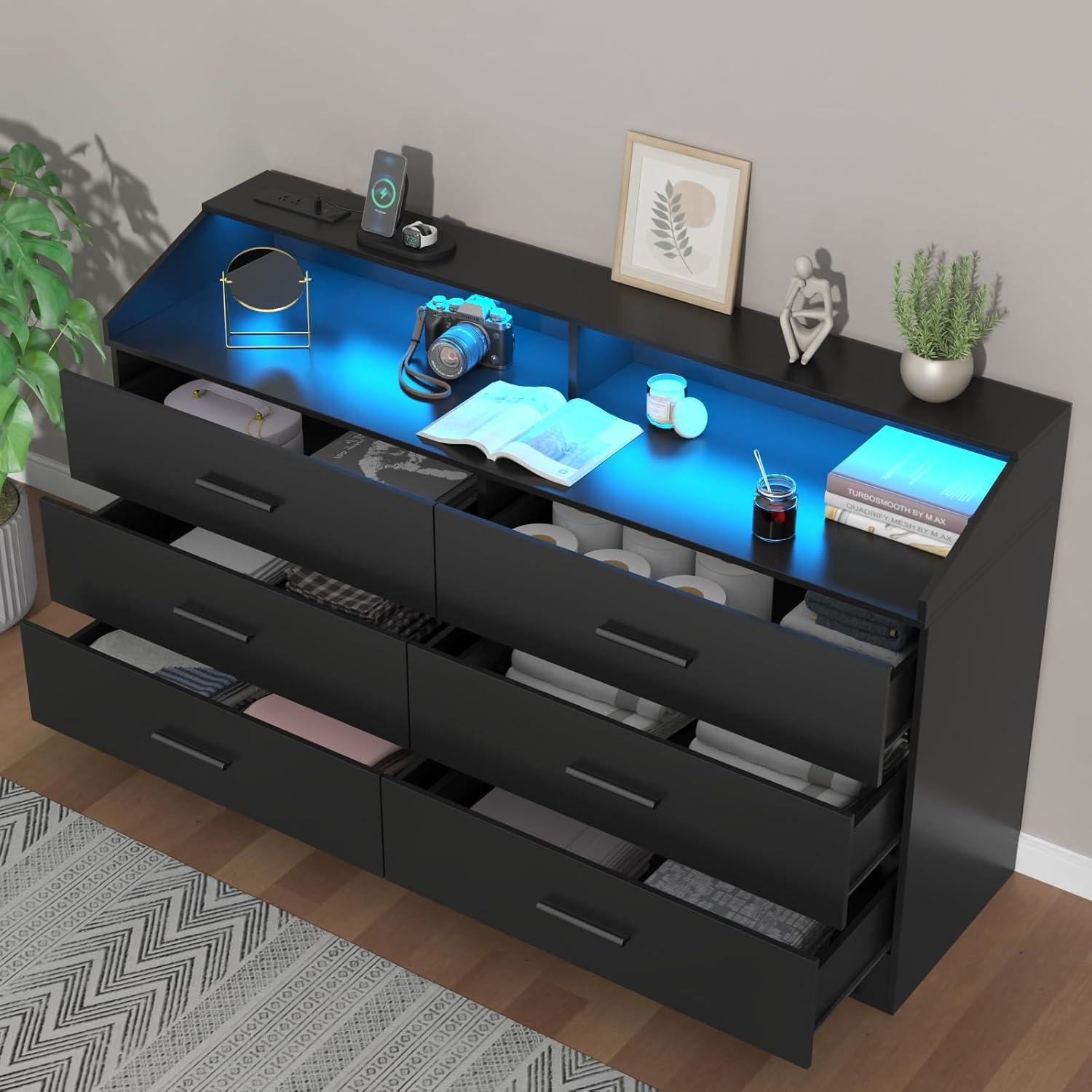 Gyfimoie 6 Drawers Dresser with Power Outlet, Chest of Drawers with LED Light, Modern Dresser with Open Storage Cubby, Double Wide Dresser Organizer for Bedroom, Living Room, Entryway, Hallway (Black)