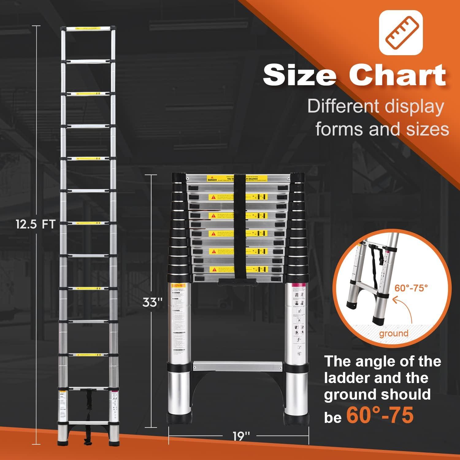 Heavy Duty Black Aluminum Telescopic Extension Ladder with Stabilizers