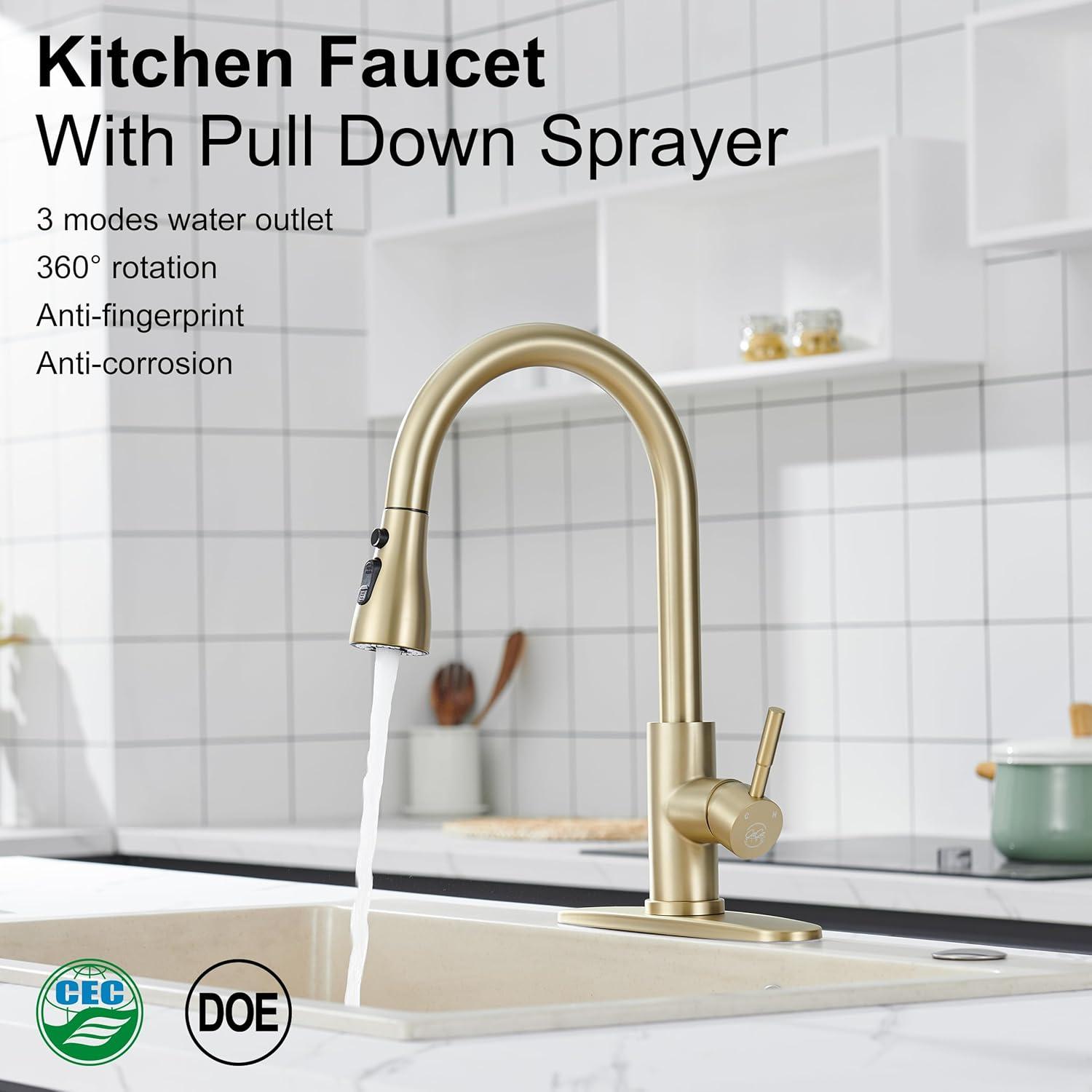 GAGALIFE Single Handle Pull Down Sprayer Kitchen Faucet High Arc Stainless Steel Faucet with 3-Function Sprayer JJL-CL-PT-SDP-G