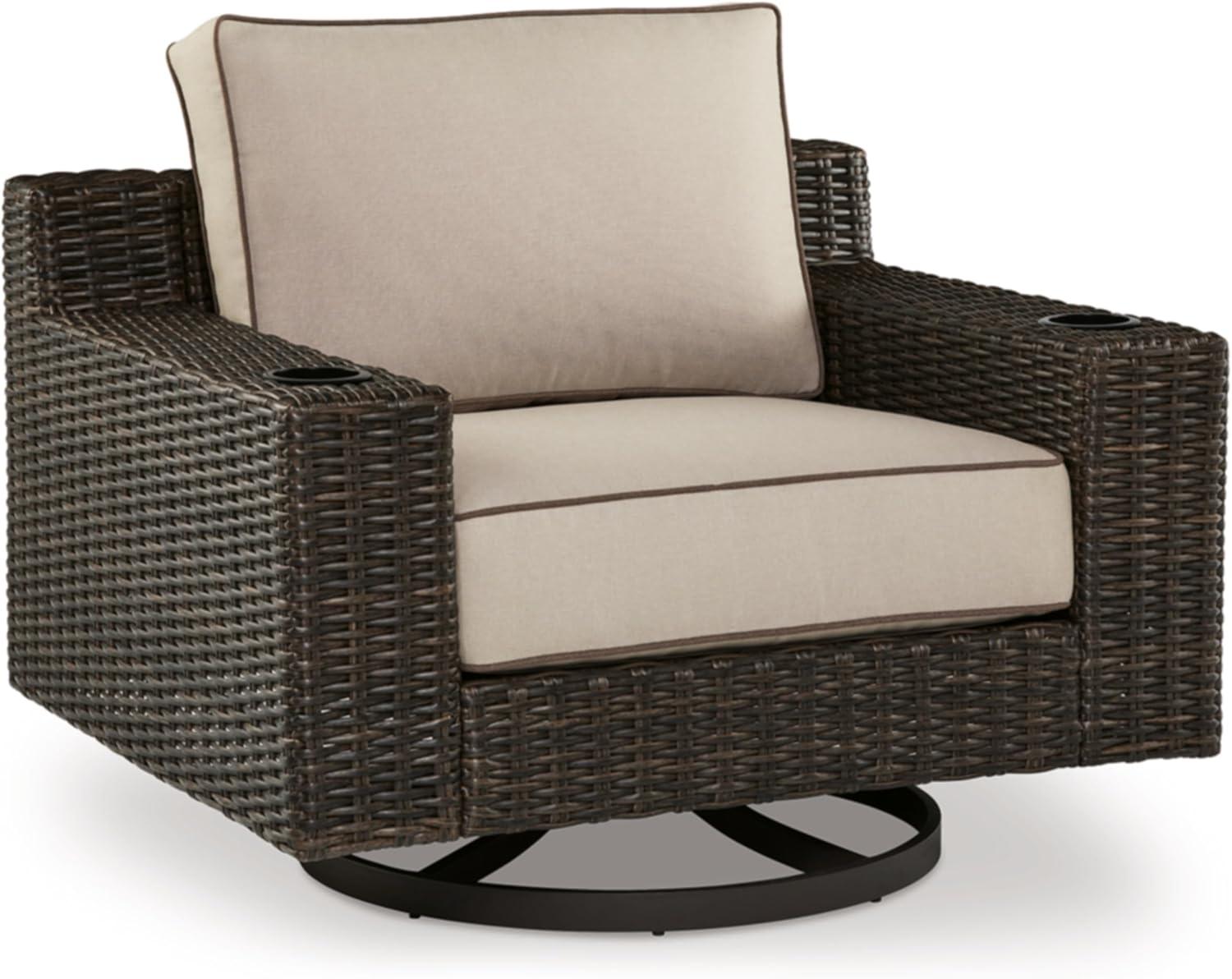 Beige and Brown Outdoor Swivel Lounge Chair with Cushions