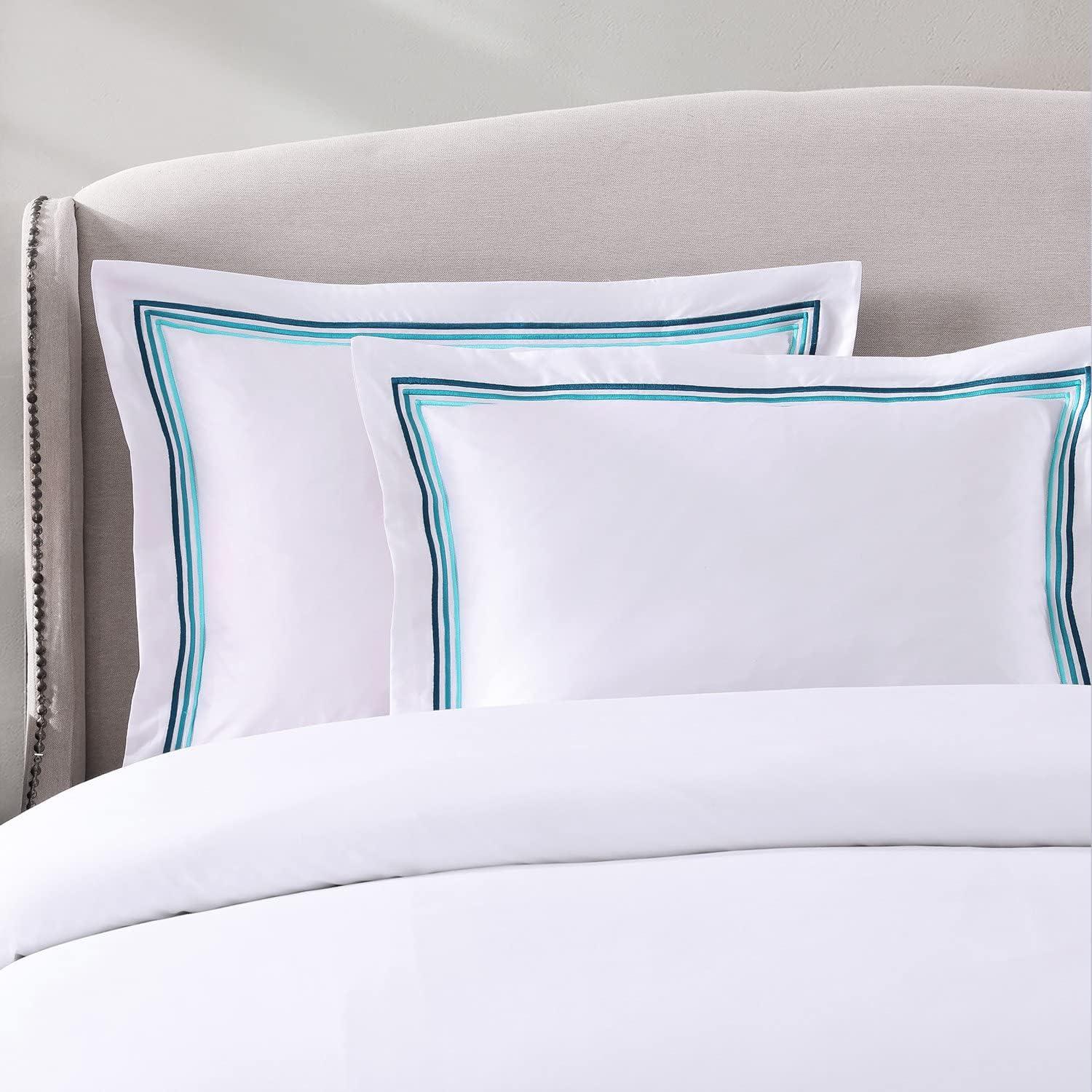 Teal Embroidered White Cotton King/Cal King Duvet Cover Set