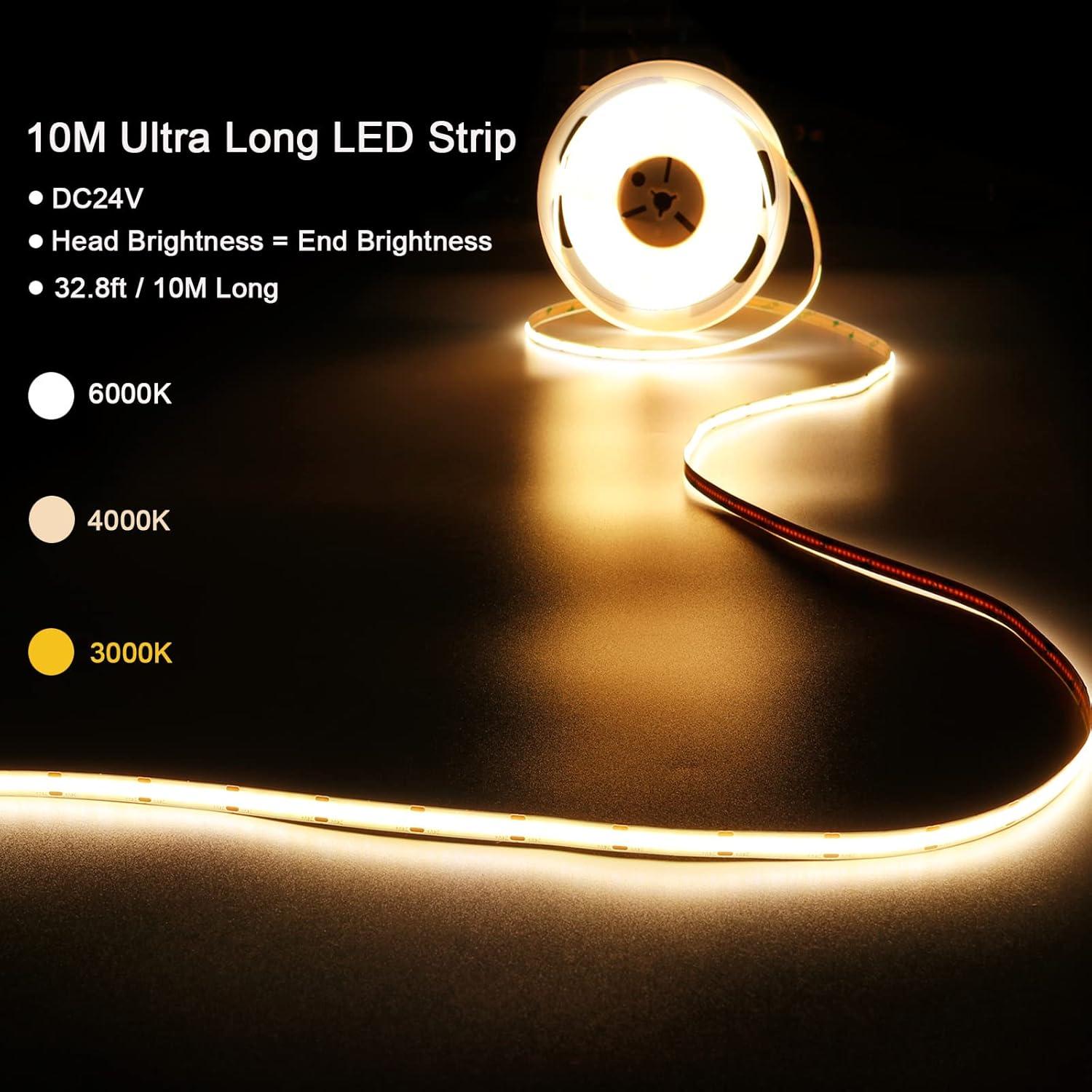 32.8ft(10M) 24V COB LED Strip Light Warm White 3000K 3840LEDs CRI 93+ 6800lm Uniform Glow Dotless IP20 Not Waterproof Flexible LED Tape Lights for DIY Cabinet Bedroom Home Decor(No Power Supply)