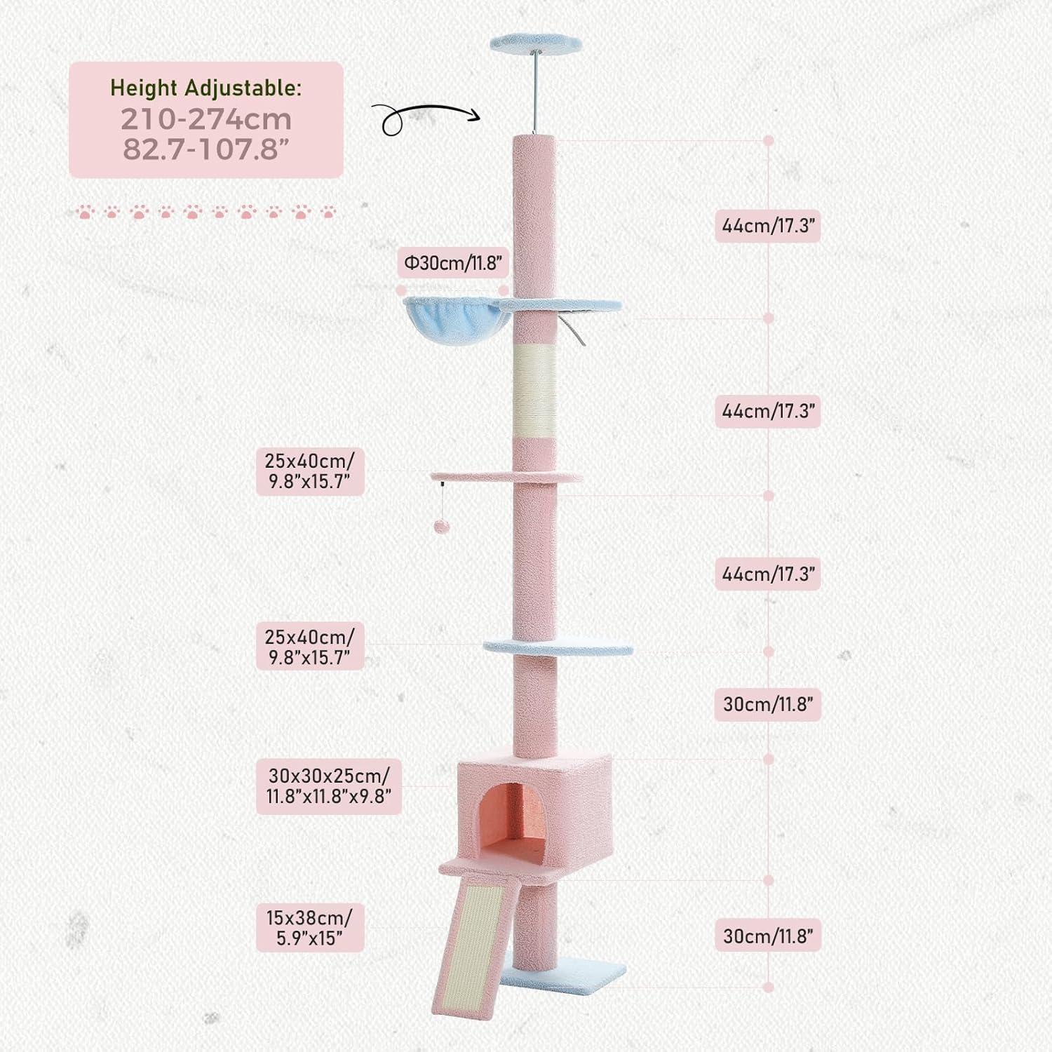 Adjustable Height Floor To Ceiling 5-Tier Tall Cat Tree Tower For Indoor Cats With Cat Condo, Cat Scratching Post And Cat Ladder