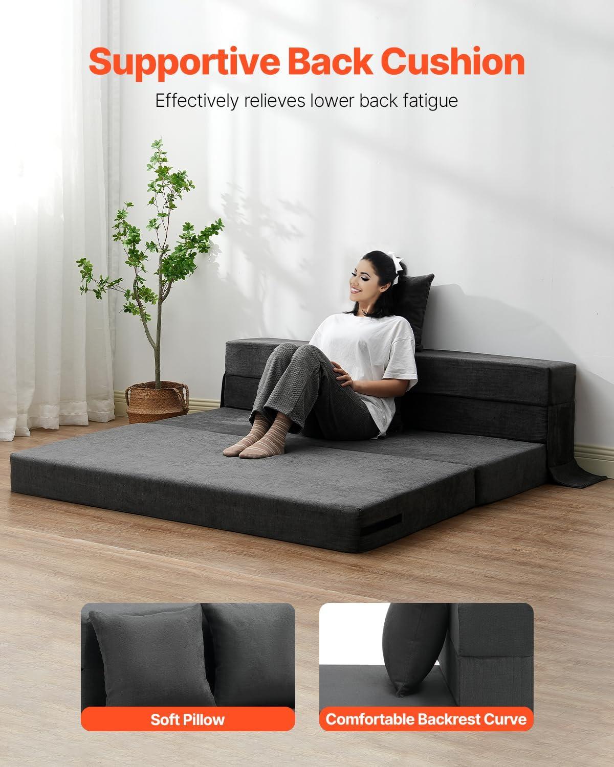 VEVOR Folding Sofa Bed, 3-in-1 Foldable Couch Bed with 2 Pillows and Washable Cover, 25D High Density Memory Foam Sleeper Chair Bed, Dark Grey(Queen)