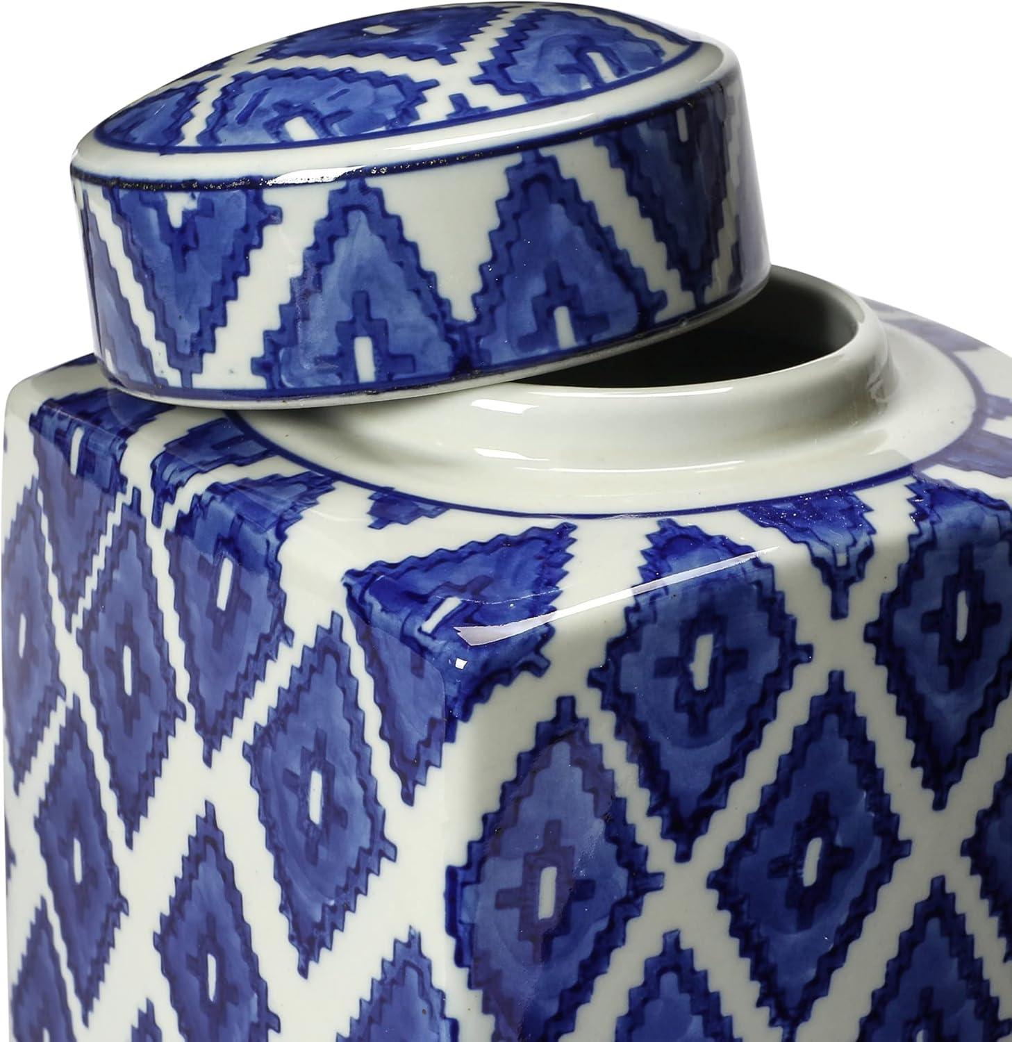 Creative Co-Op Decorative Diamond Square Ceramic Ginger Jar with Lid, Blue and White