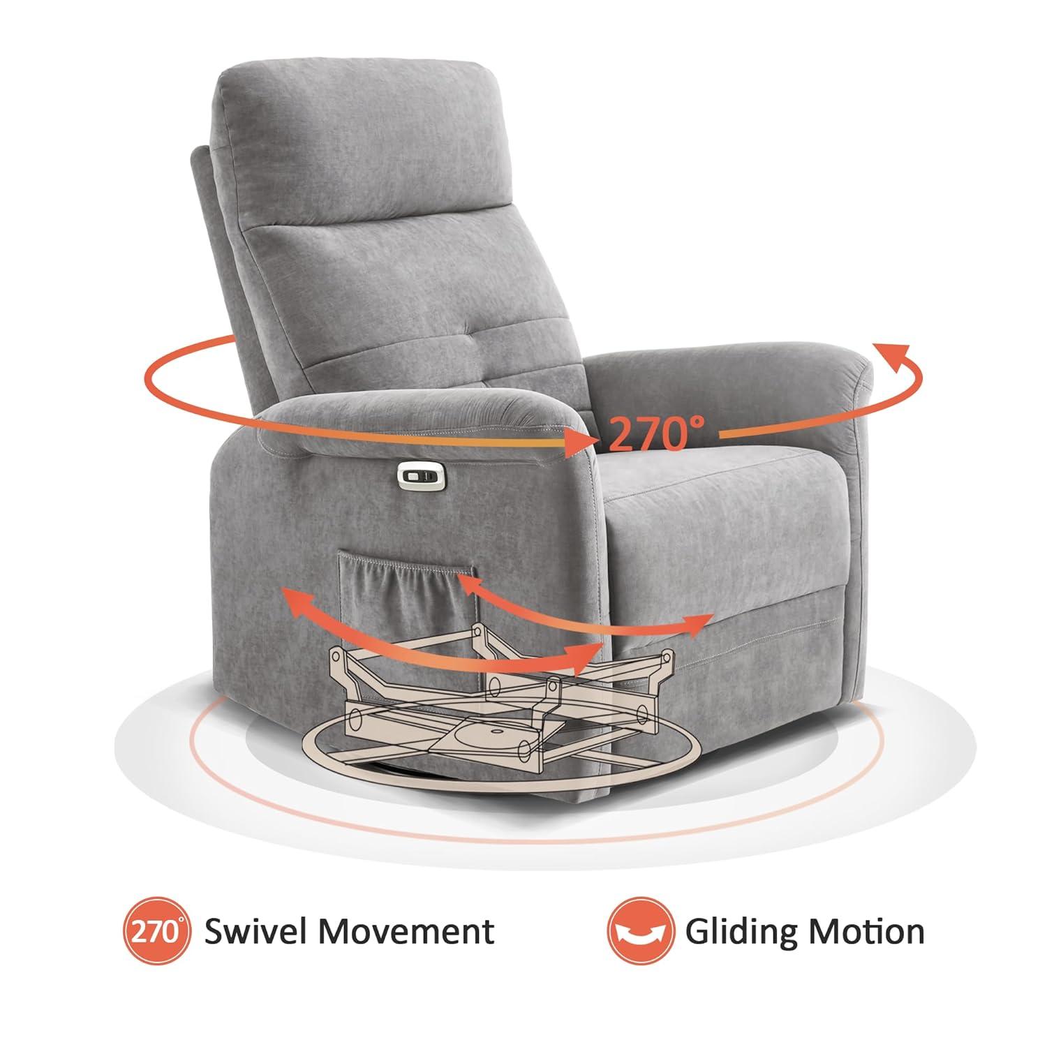 MCombo Fabric Power Recliner, Electric Swivel Glider Rocker Recliner Chair for Nursery with USB Ports, Side Pockets for Living Room, Small Space 7763