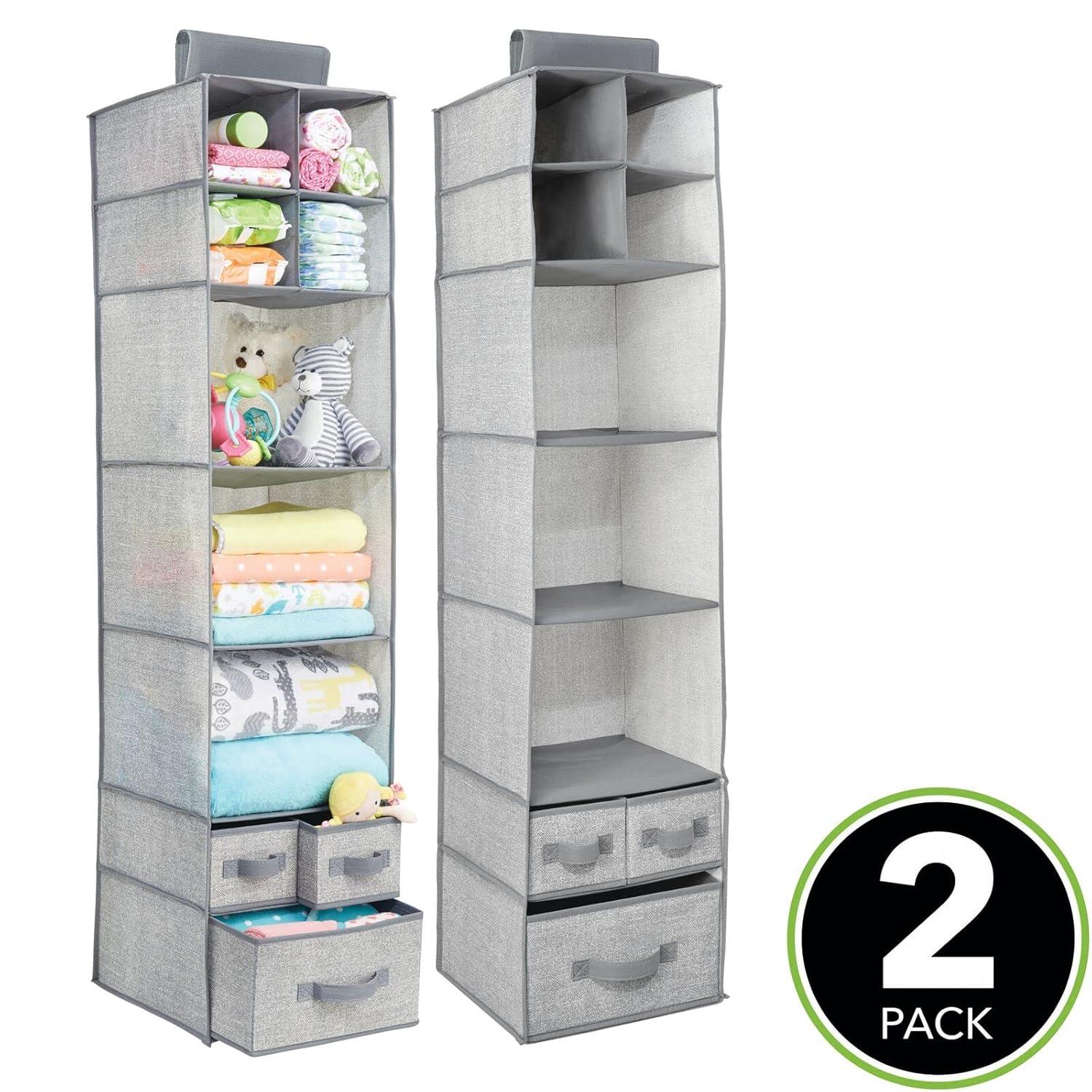 mDesign Fabric Nursery Hanging Organizer with 7 Shelves/3 Drawers, 2 Pack - Gray