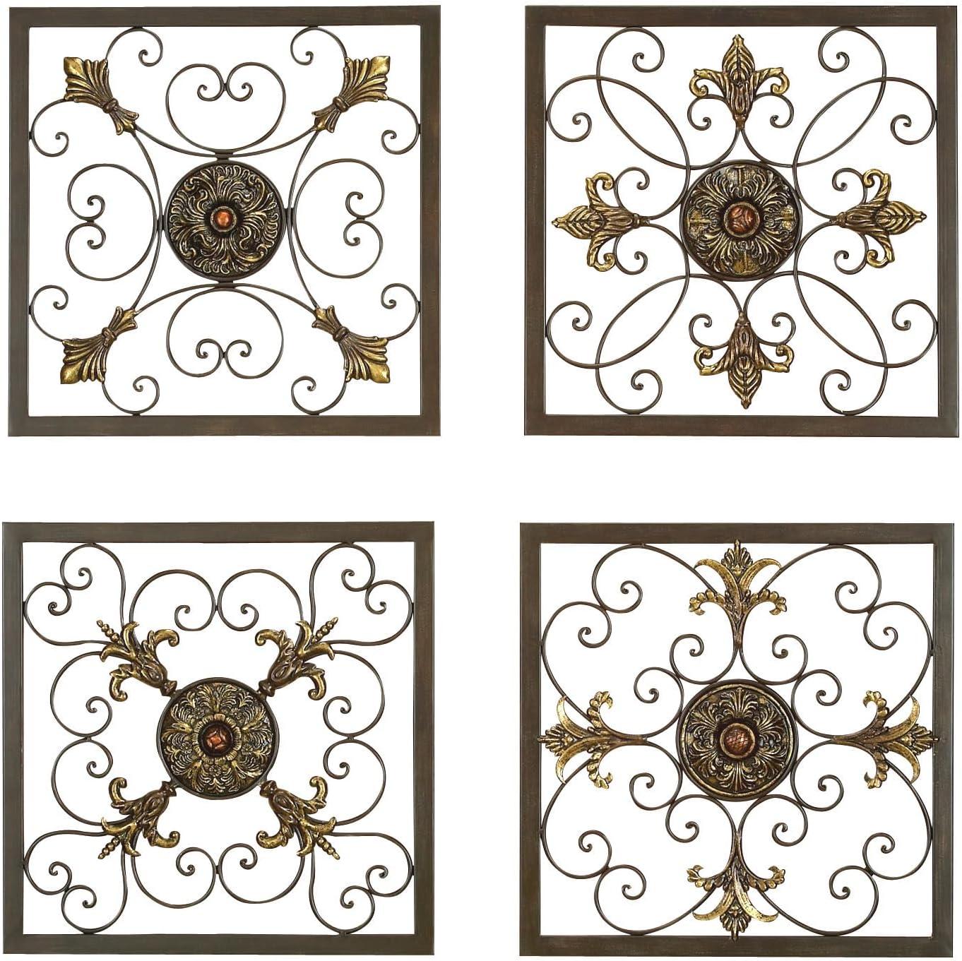 DecMode Rustic Brown Square Metal Wall Décor Set of 4 14"W x 14"H
