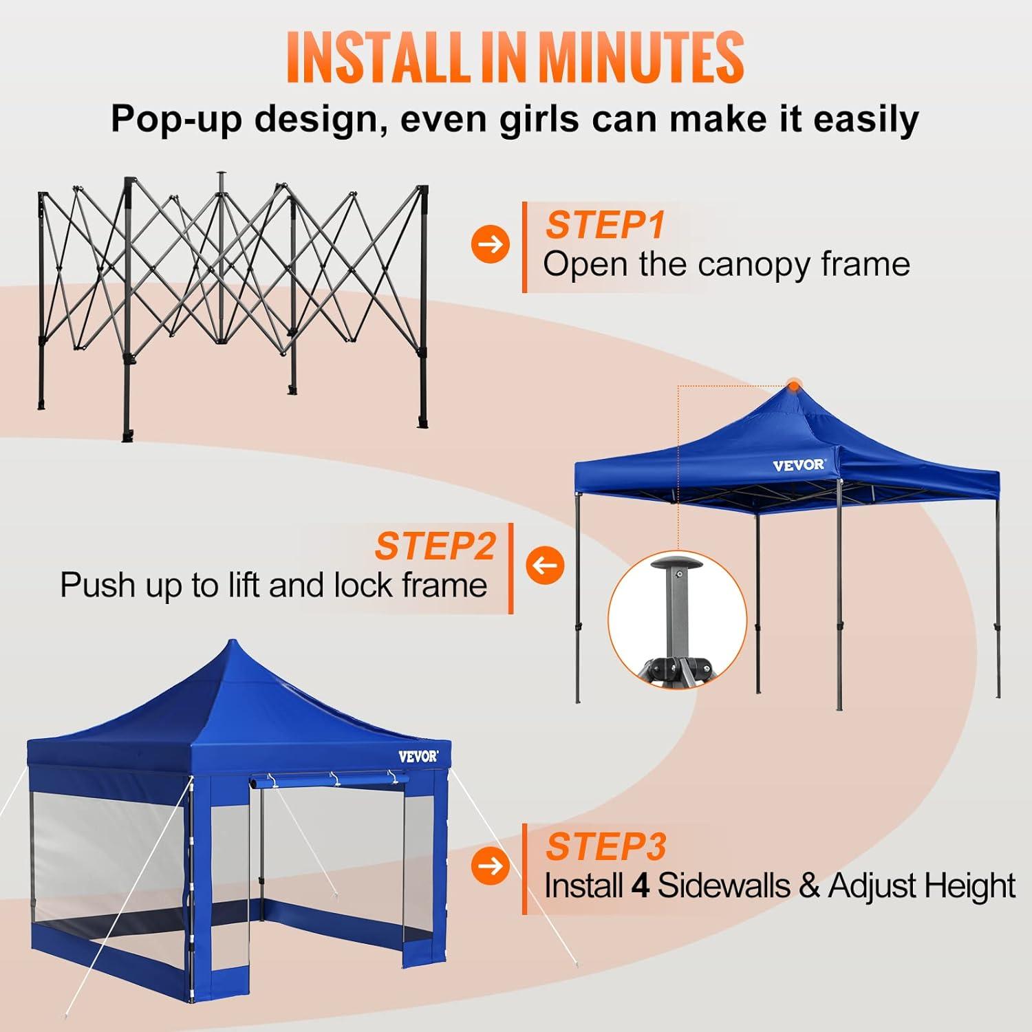 VEVOR 10x10 Blue Pop-Up Canopy Tent with Sidewalls and Wheeled Bag