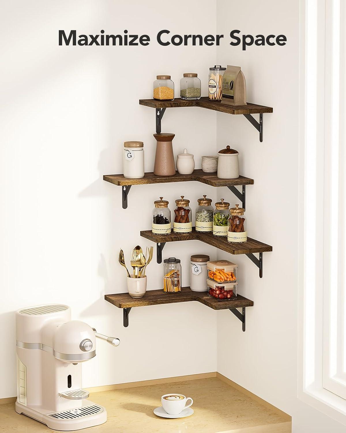 Corner Floating Shelves, Set of 4 Corner Wall Shelves, Shelves for Wall Decor, Corner Wood Shelves for Home Decor, Office, Bedroom, Bathroom, Laundry Room, Kitchen, Black