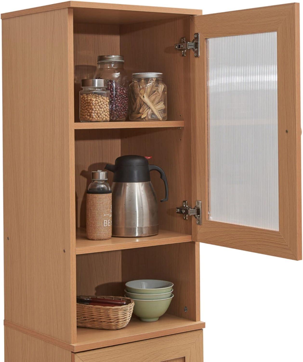 63" Tall Slim Open Shelf Plus Top and Bottom Enclosed Storage Kitchen Pantry in Black-Beech