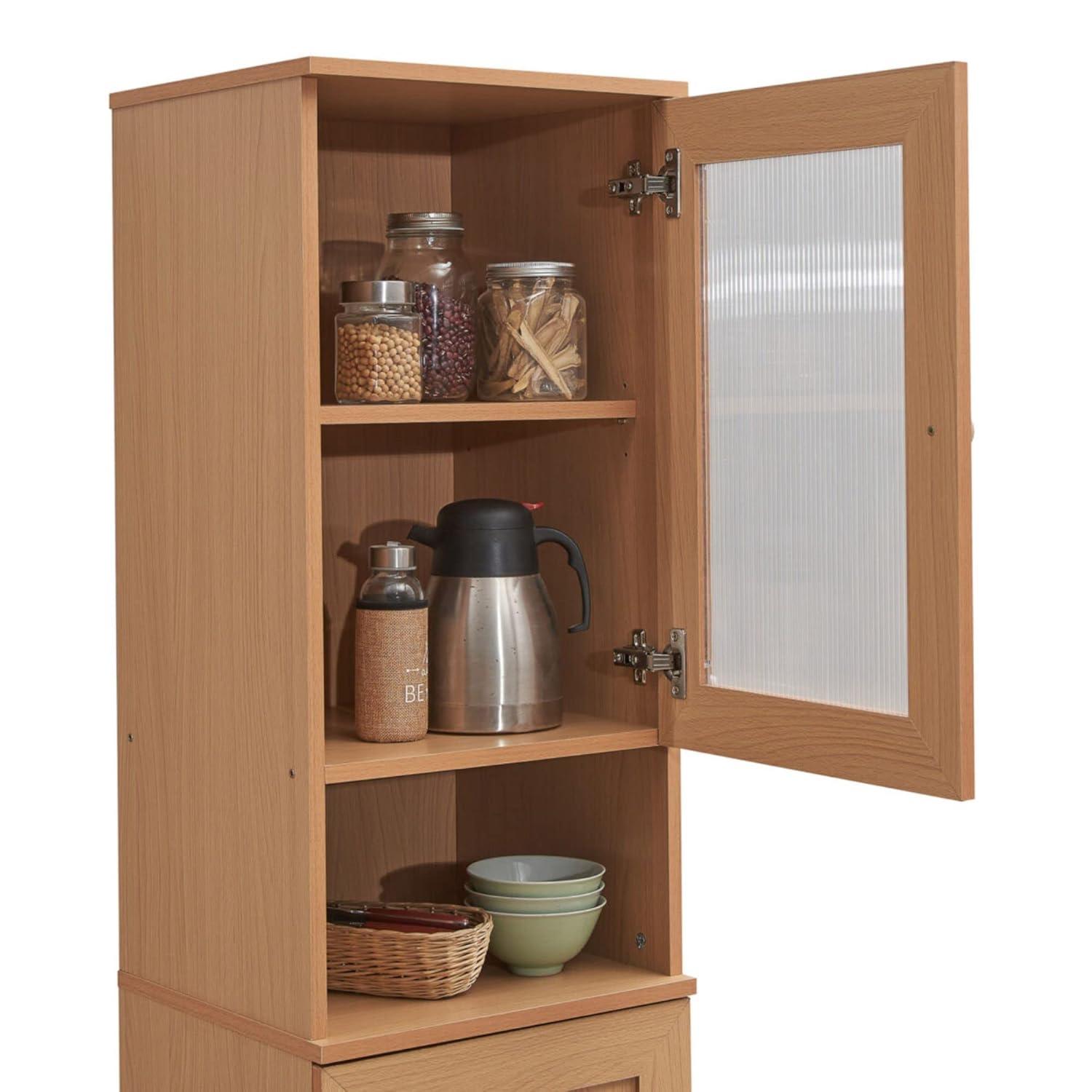 63" Tall Slim Open Shelf Plus Top and Bottom Enclosed Storage Kitchen Pantry in Black-Beech