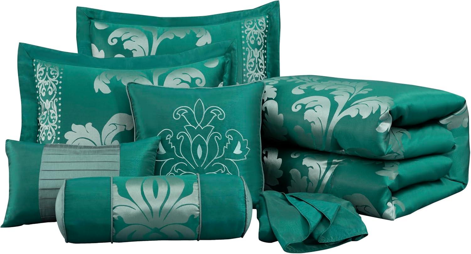 Queen Green and Silver Jacquard Floral Comforter Set