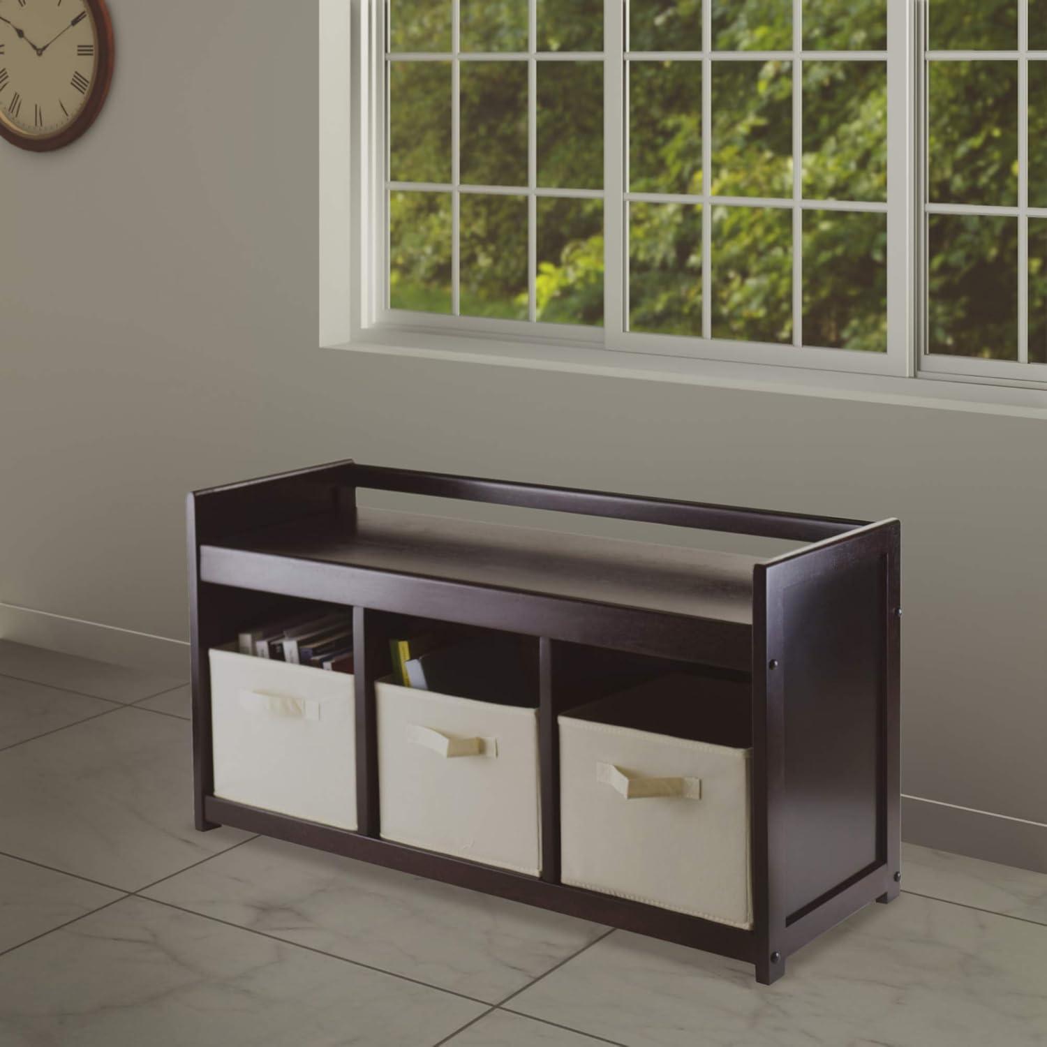 Light Brown Transitional Storage Bench with Fabric Baskets