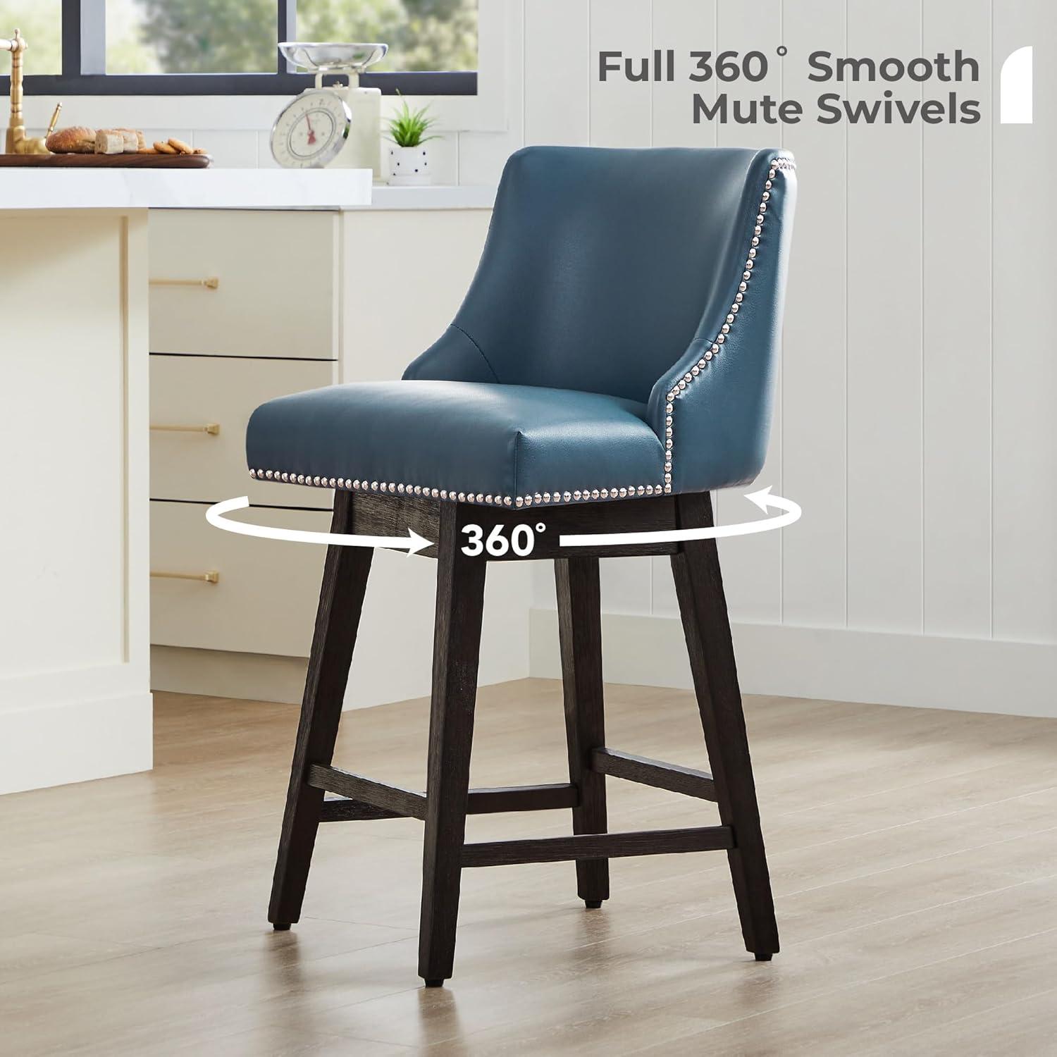CHITA 26 in Upholstered Swivel Counter Bar Stools with Back&Wood Legs Set of 2, Faux Leather in Dark Blue
