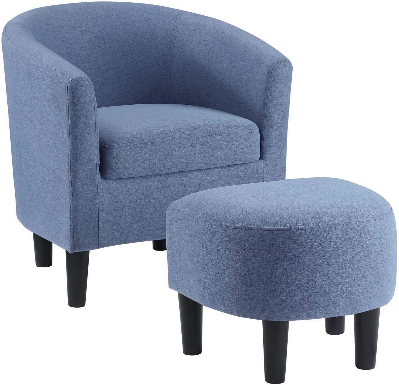 Blue Fabric Barrel Accent Chair with Ottoman