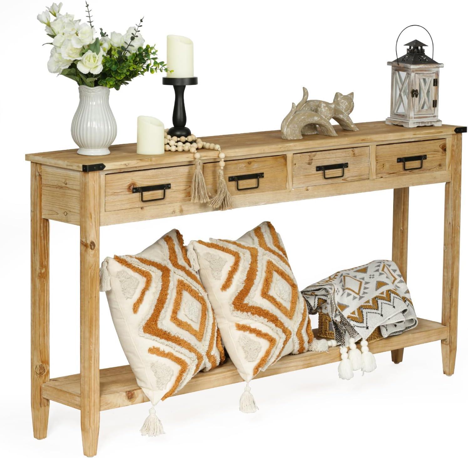 Natural Rustic Wood Console Table with Drawers and Shelves