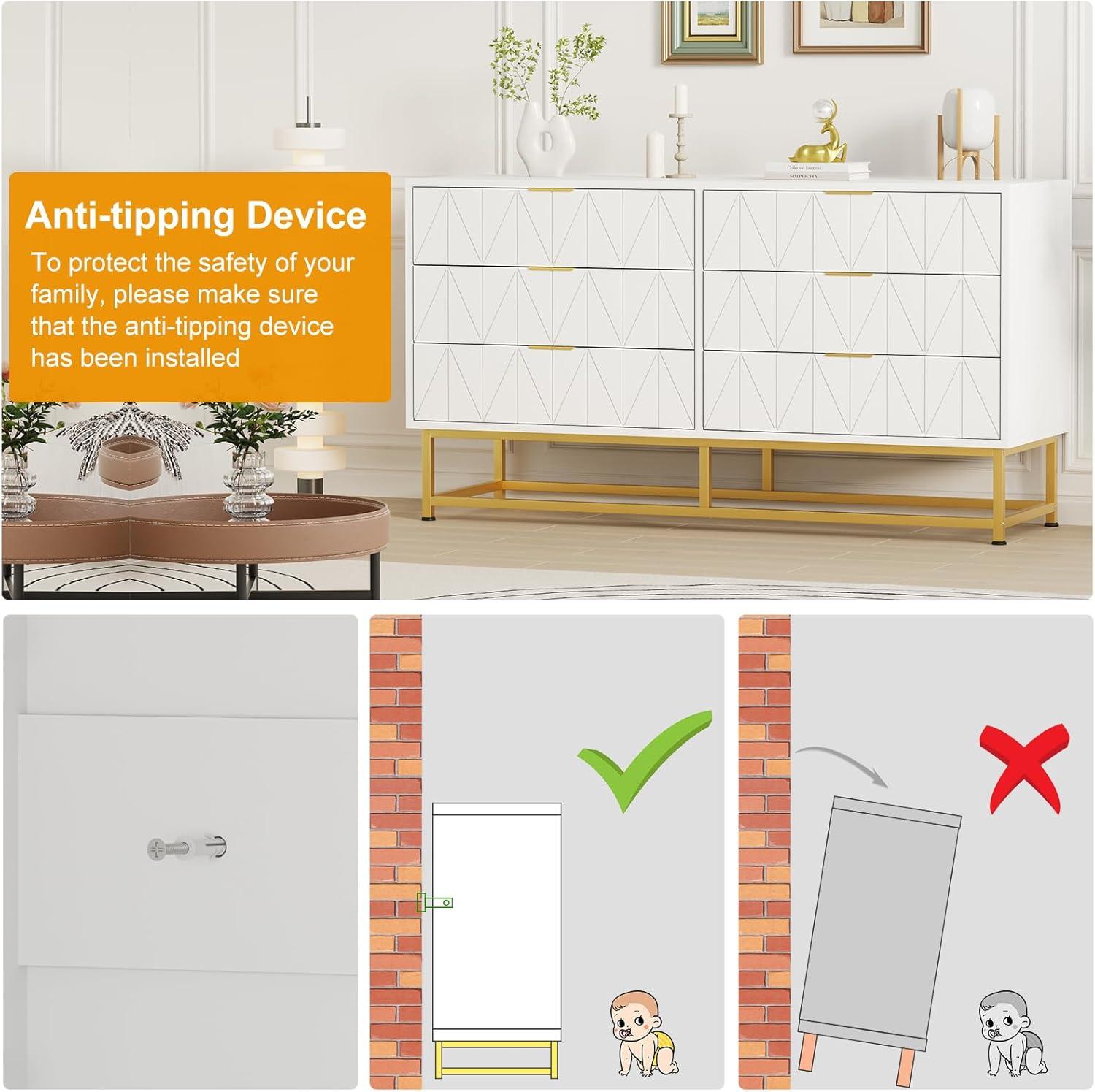 Towallmark Dresser for Bedroom, 6 Drawer Dresser with Metal Legs, Wood Dresser Chest Organizer with Wide Storage, Modern Chest of Drawers for Bedroom, Living Room, Hallway，White