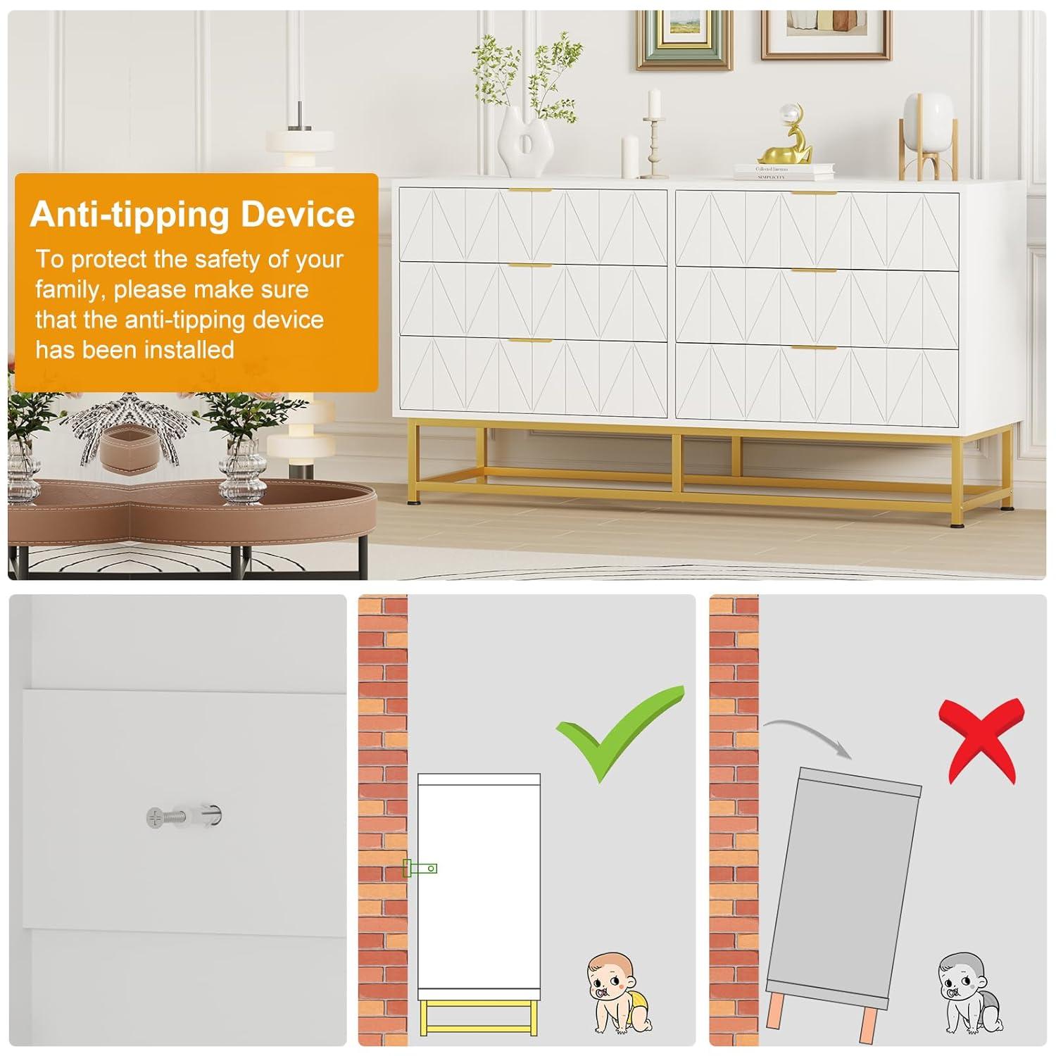 Towallmark Dresser for Bedroom, 6 Drawer Dresser with Metal Legs, Wood Dresser Chest Organizer with Wide Storage, Modern Chest of Drawers for Bedroom, Living Room, Hallway，White