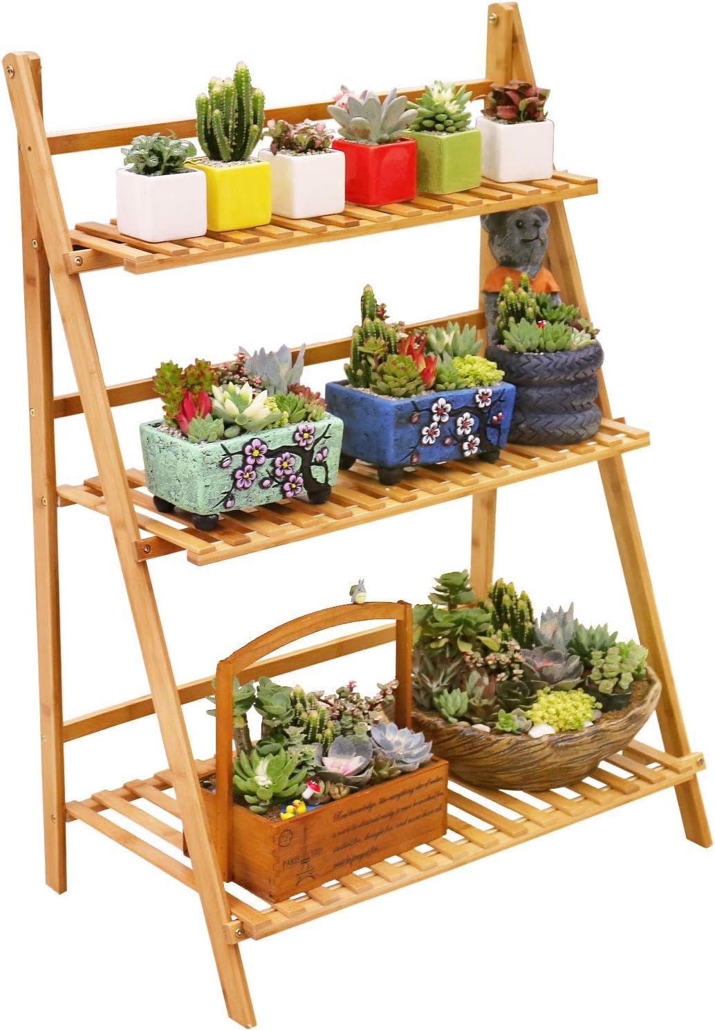 Natural Bamboo 3-Tier Foldable Ladder Plant Stand