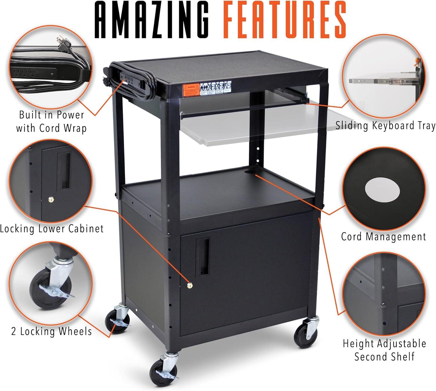 Black Adjustable Height AV Cart with Locking Cabinet and Keyboard Tray