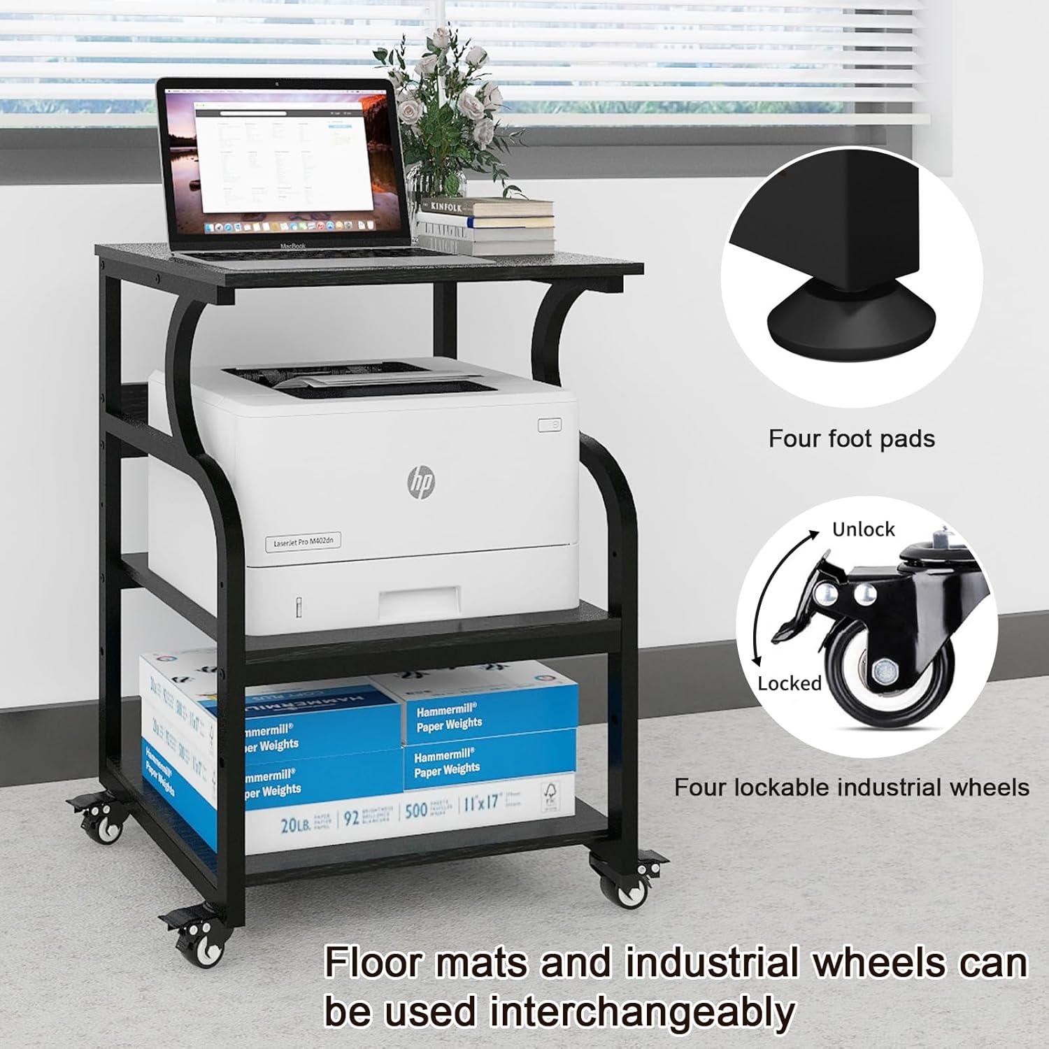 Natwind Large Printer Stand,24''x20''x29''Printer Table with Adjustable Storage Shelf,3 Tier Rolling Printer Cart with Wheels,Home Office Multifunctional Shelves for Heat Press (Black)
