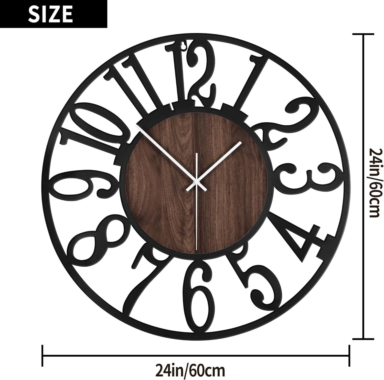 Oversized Black and Wood Silent Vintage Modern Wall Clock