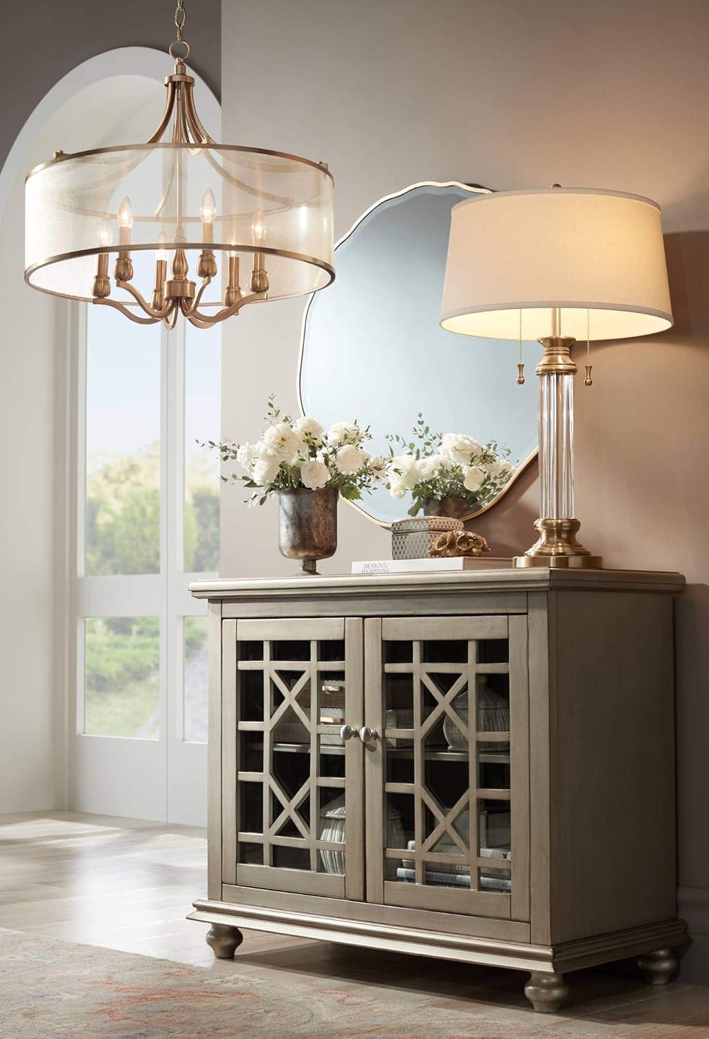 Possini Euro Design Sydney Warm Brass Drum Chandelier 25" Wide Modern Clear Gold Organza Shade 6-Light Fixture for Dining Room House Kitchen Island
