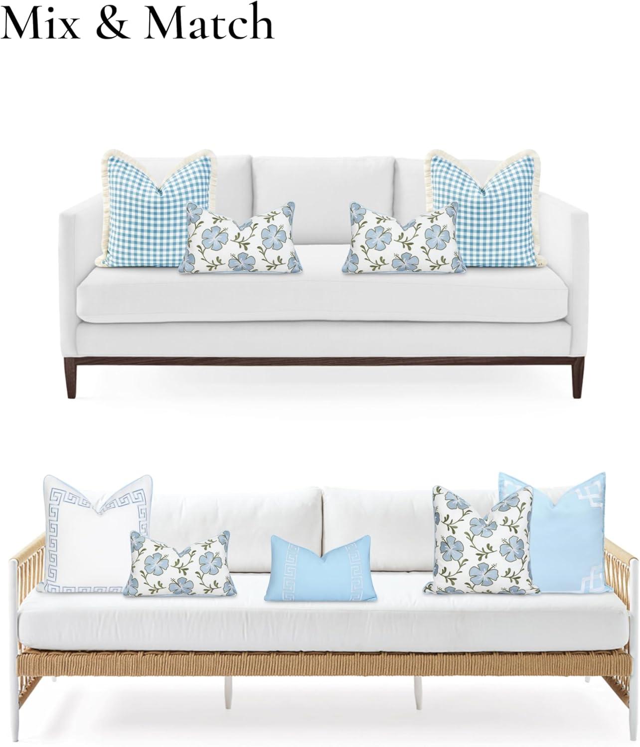 Hofdeco Premium Coastal Patio Indoor Outdoor Lumbar Pillow Cover Only, 12"x20" Water Repellent for Backyard, Couch, Baby Blue Green Embroidered Hibiscus Floral with Piping