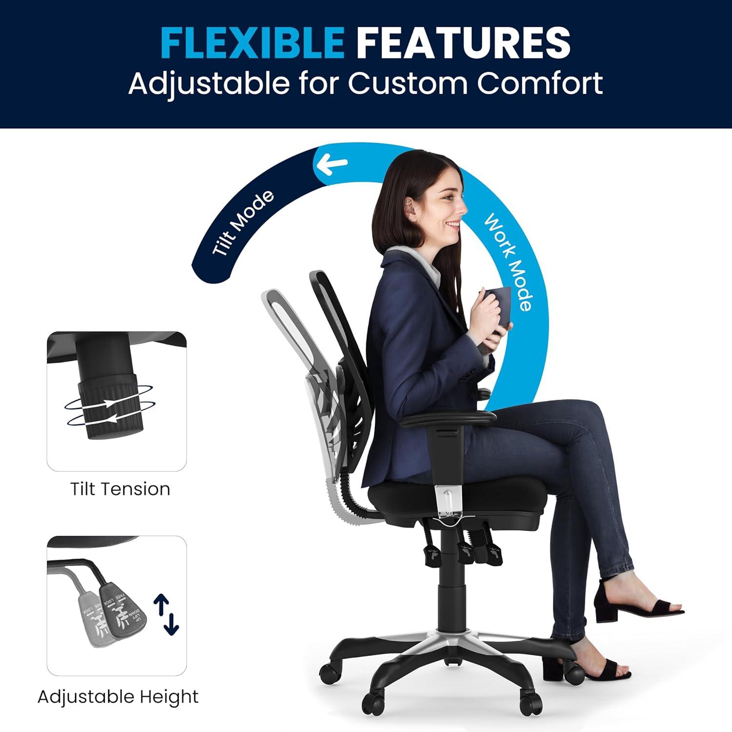 BizChair Mid-Back Black Mesh Multifunction Executive Swivel Ergonomic Office Chair with Adjustable Arms
