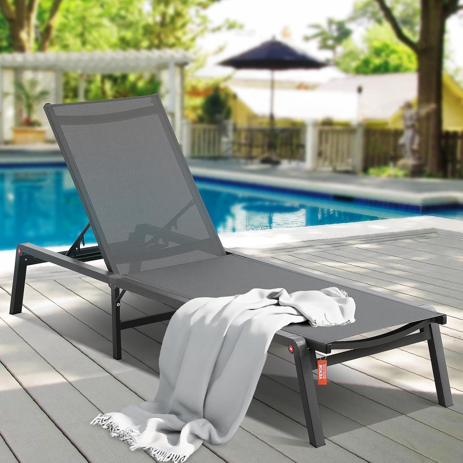 Dark Gray Aluminum Adjustable Outdoor Chaise Lounge Chair